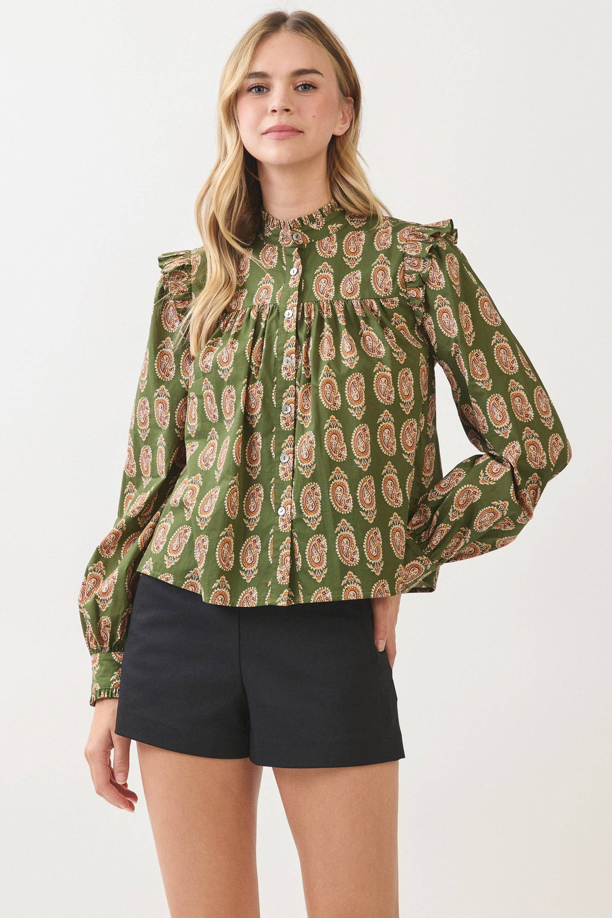 PAISLEY PRINT BUTTON DOWN SHIRT - 7614T: OLIVE / L