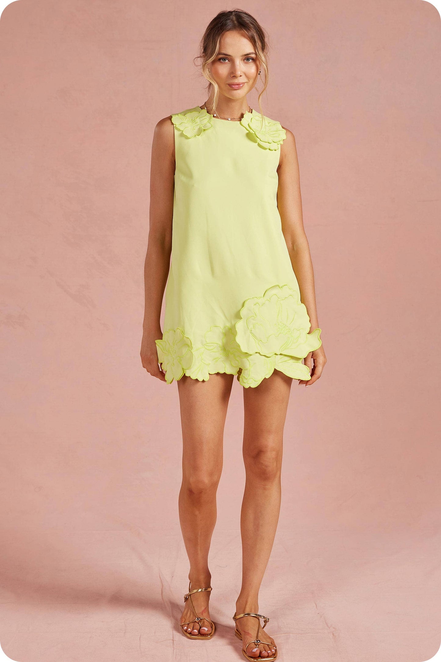 3D Floral Appliqué Sleeveless Shift Mini Dress: Chartreuse / M