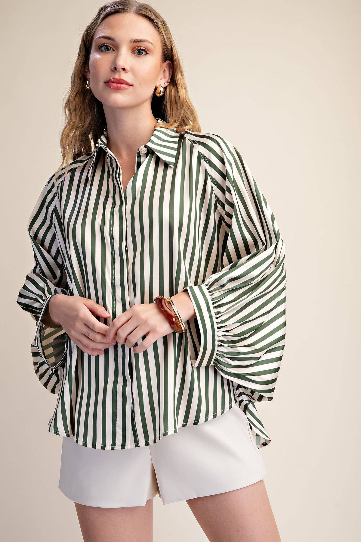 Stripe Wide Puff Sleeve Buttondown Shirt: Olive / M