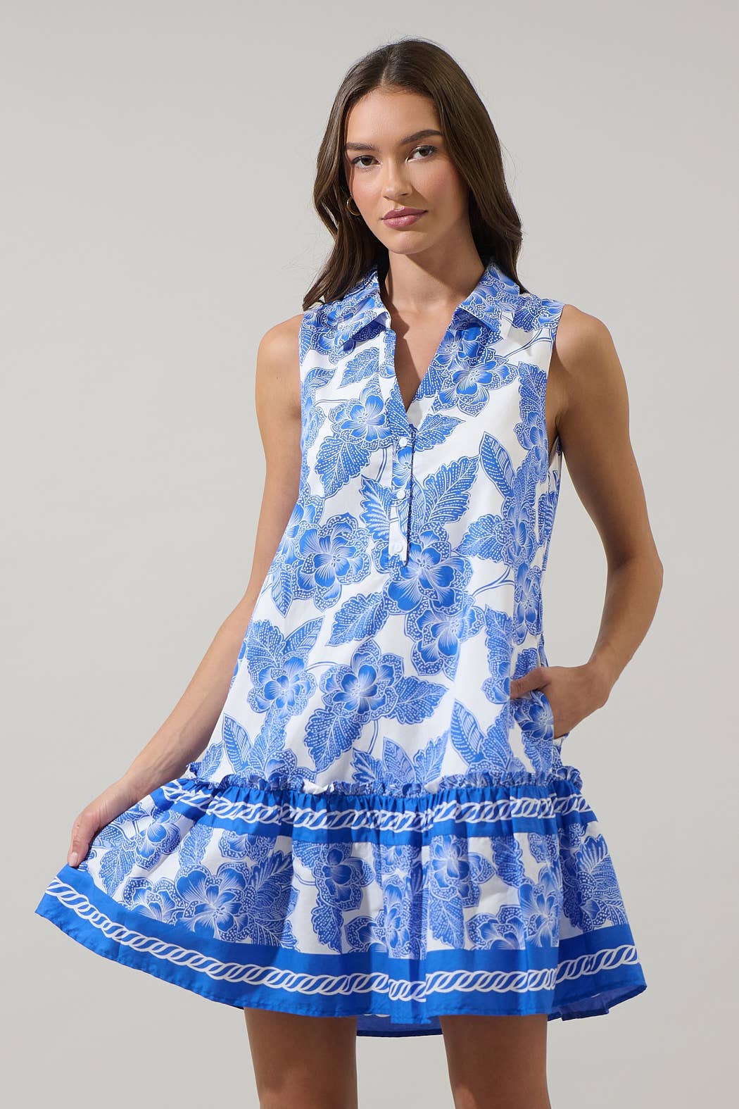 Rency Floral Zady Sleeveless Mini Dress: WHT-BLU / XL