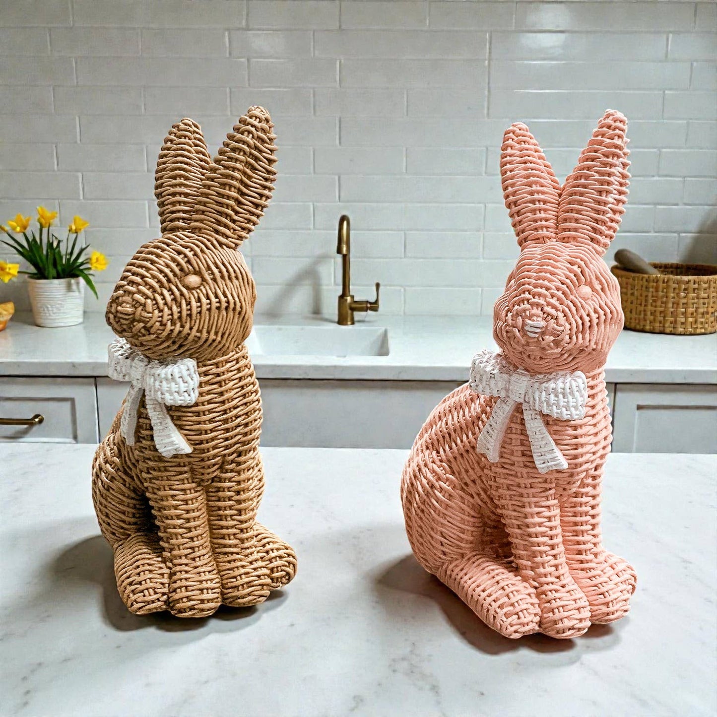 Easter Farmhouse Home Decor, Resin Bunny Figurine Rattan : White
