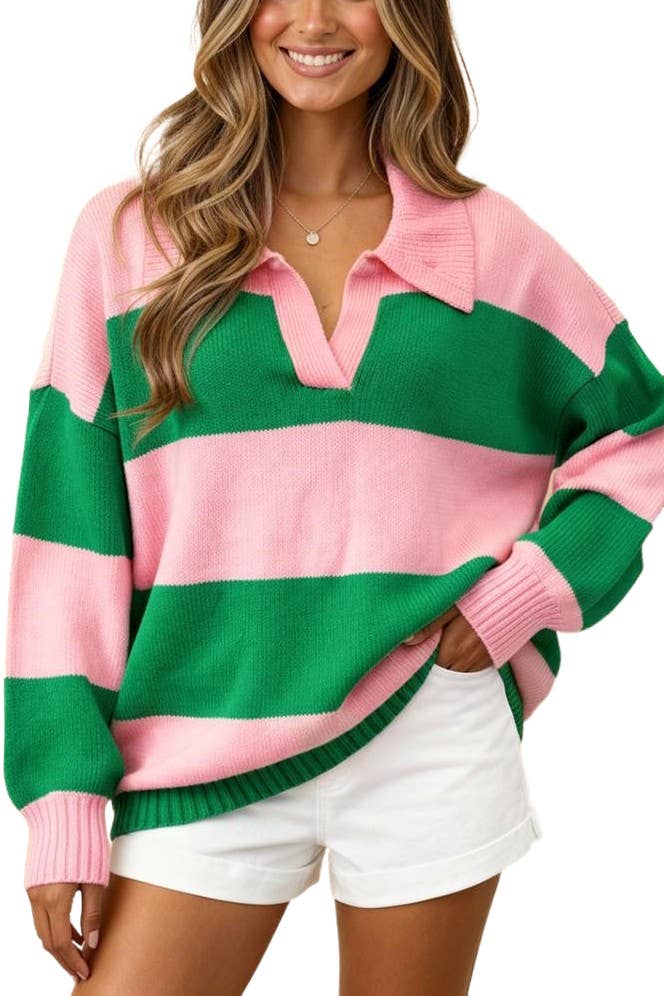 Collared Stripe Color Block Sweater Knit Top: PINK/GREEN / 2-2-2(S-M-L)