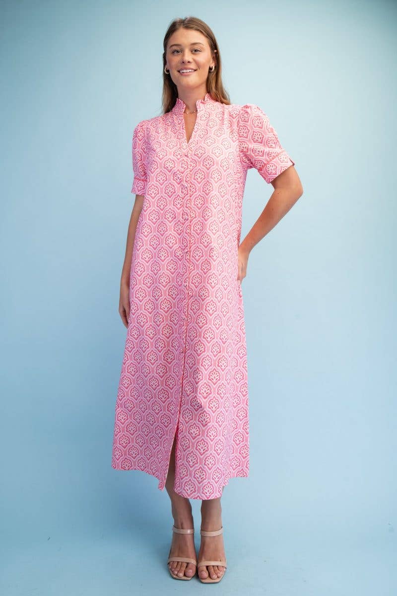Bright Printed Button Down Midi Dress: SAPPHIRE MIX / 2-2-2(S-M-L)