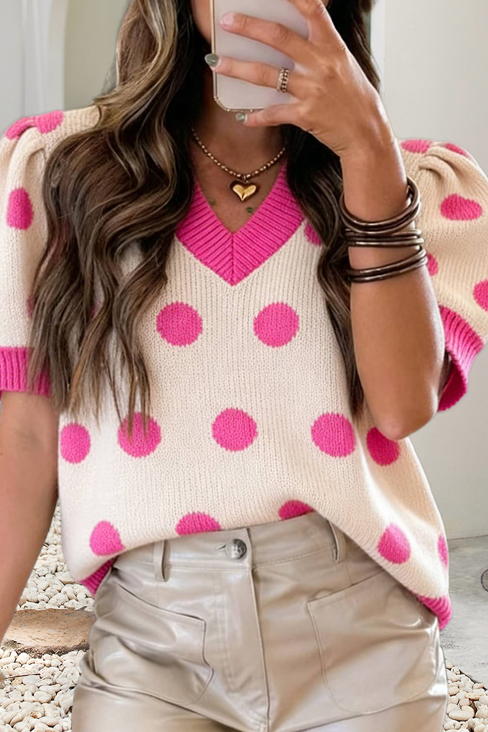 LDC Polka Dot Puff Short Sleeve V Neck Sweater Top: Pink / M