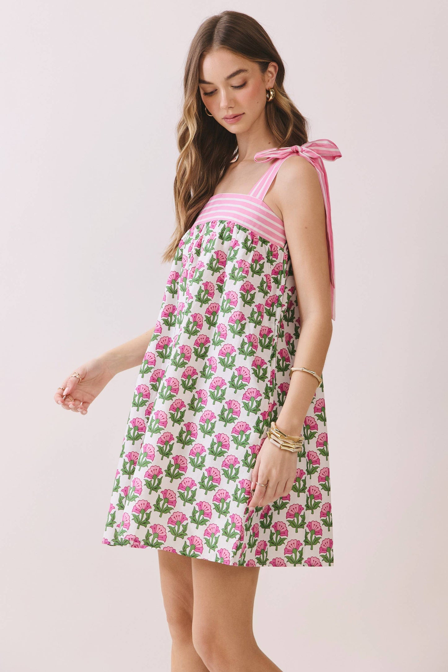 CD06842-Floral Babydoll Mini Dress with Tie Straps: Pink / L