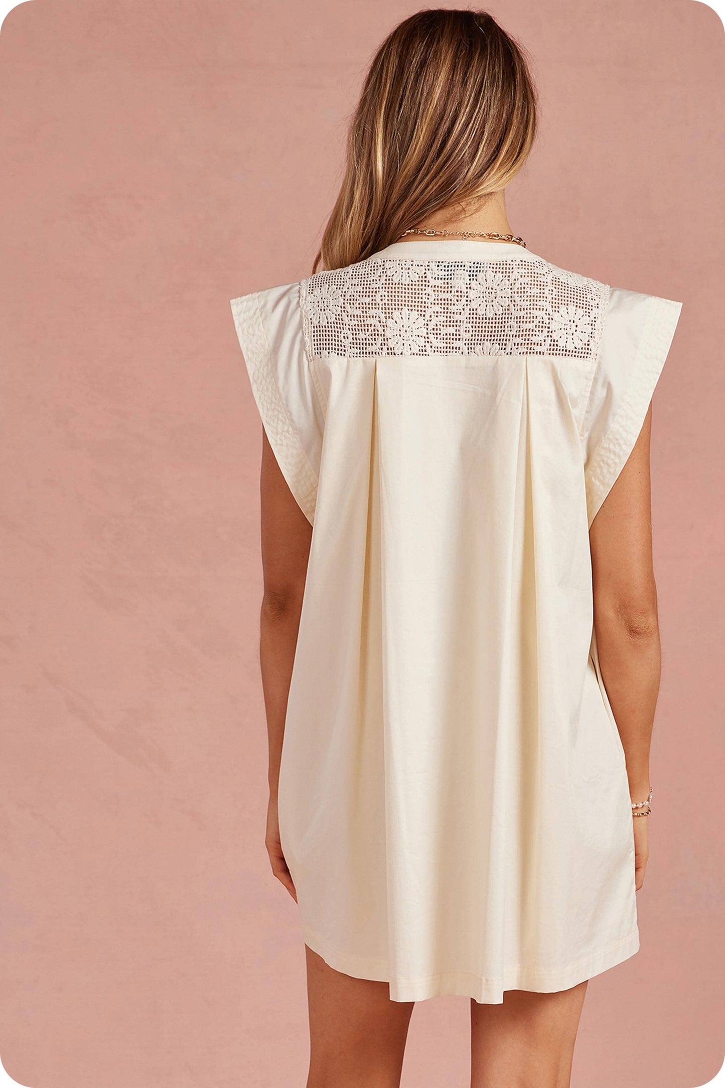 Contrast Floral Crochet Yoke Pleat Mini Dress: Cream / S