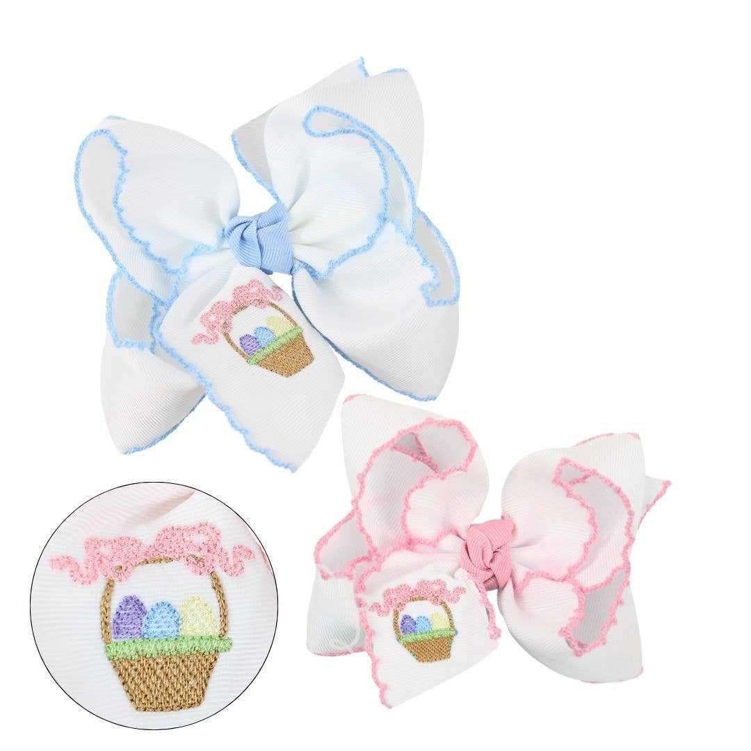 EMBROIDERED EASTER CROCHET EDGE BOWS: Millennium Blue / 4.5" Large