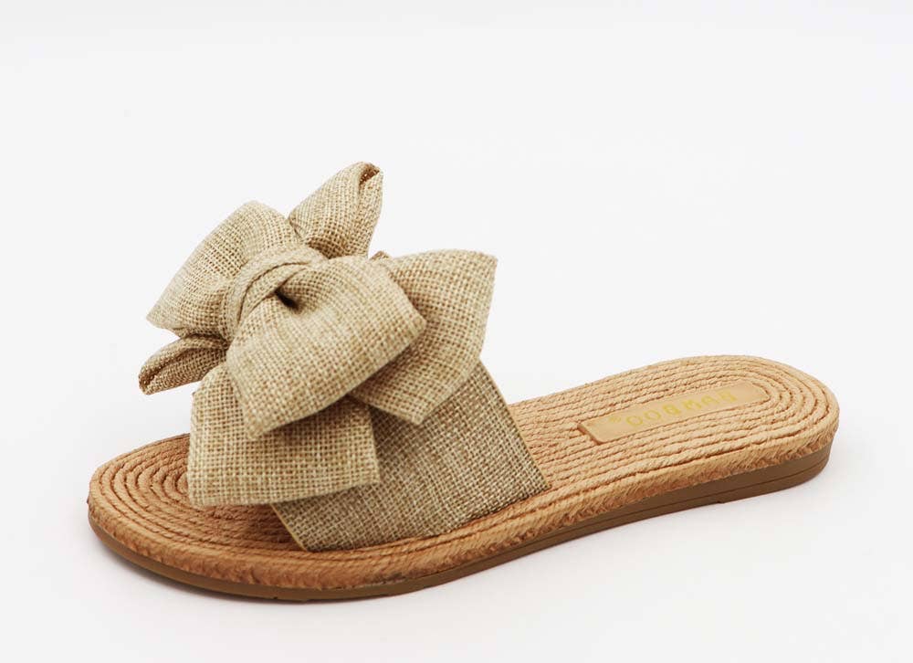Bamboo ATHENA-24 Women Braided Sole Bow Tie Slipon Sandals: BEIGE LINEN / 18B-6(1)-6.5(1)-7(2)-7.5(3)-8(3)-8.5(3)-9(3)-10(2)