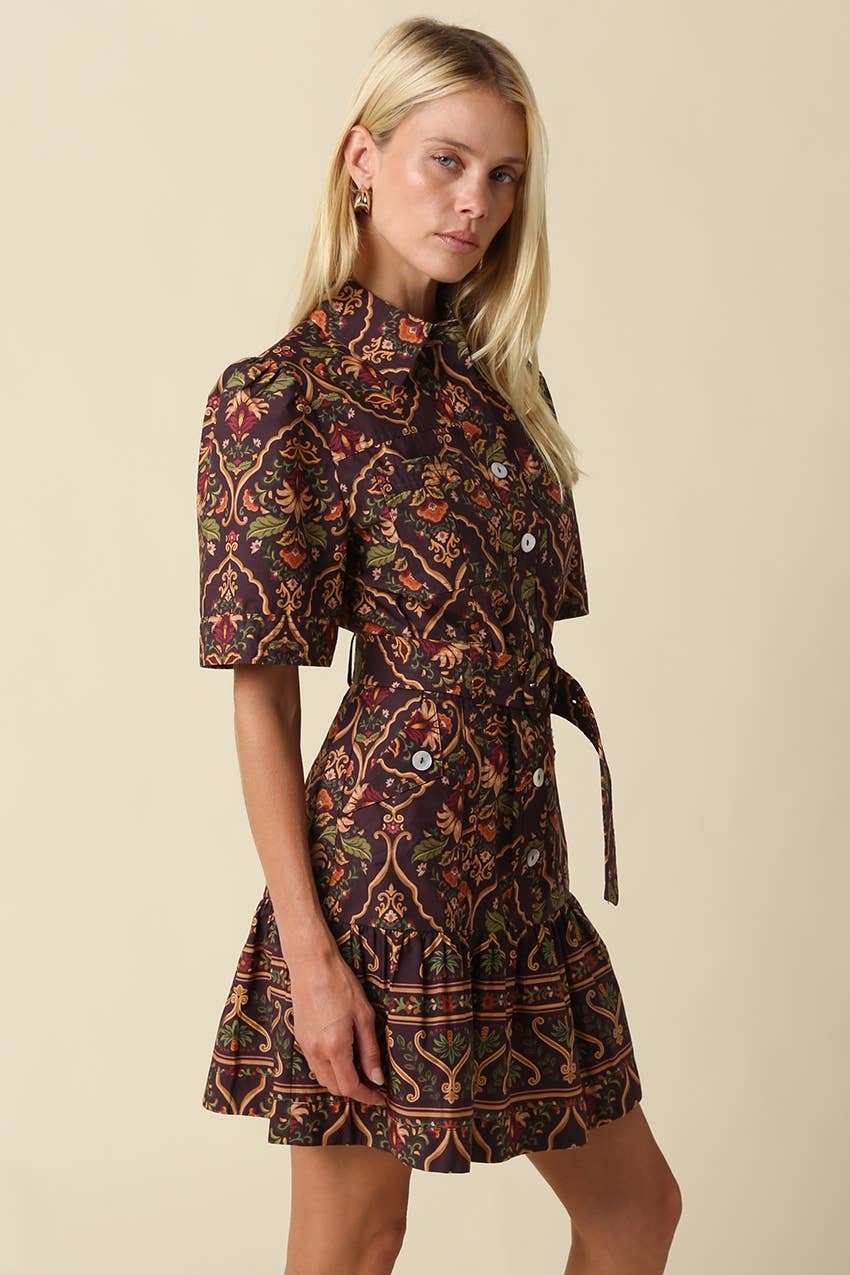 Belen Paisley Belted Mini Dress: CHOCOLATE MULTI / L