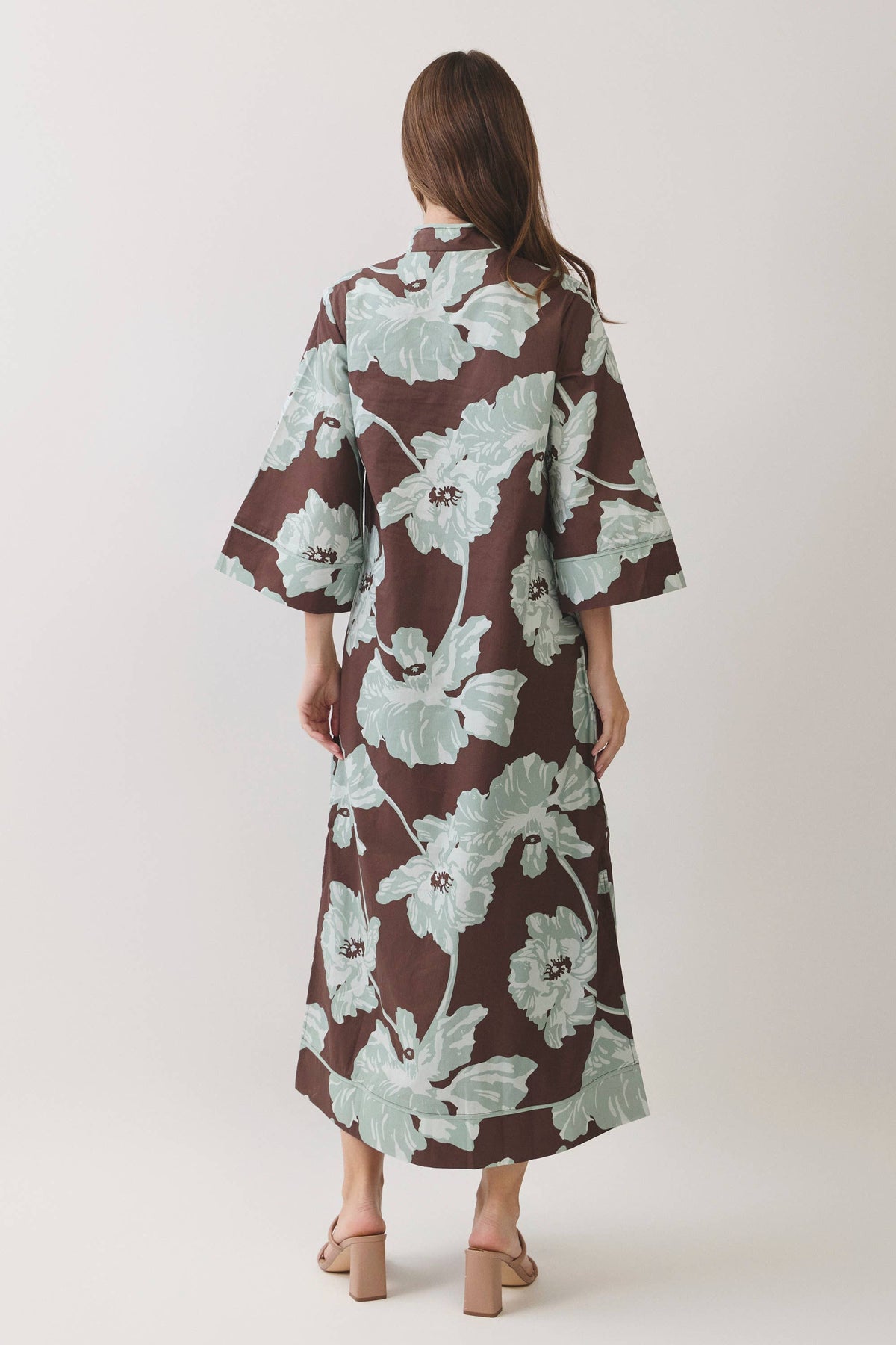 CD07560-Floral Print Caftan Maxi Dress: Chocolate / L
