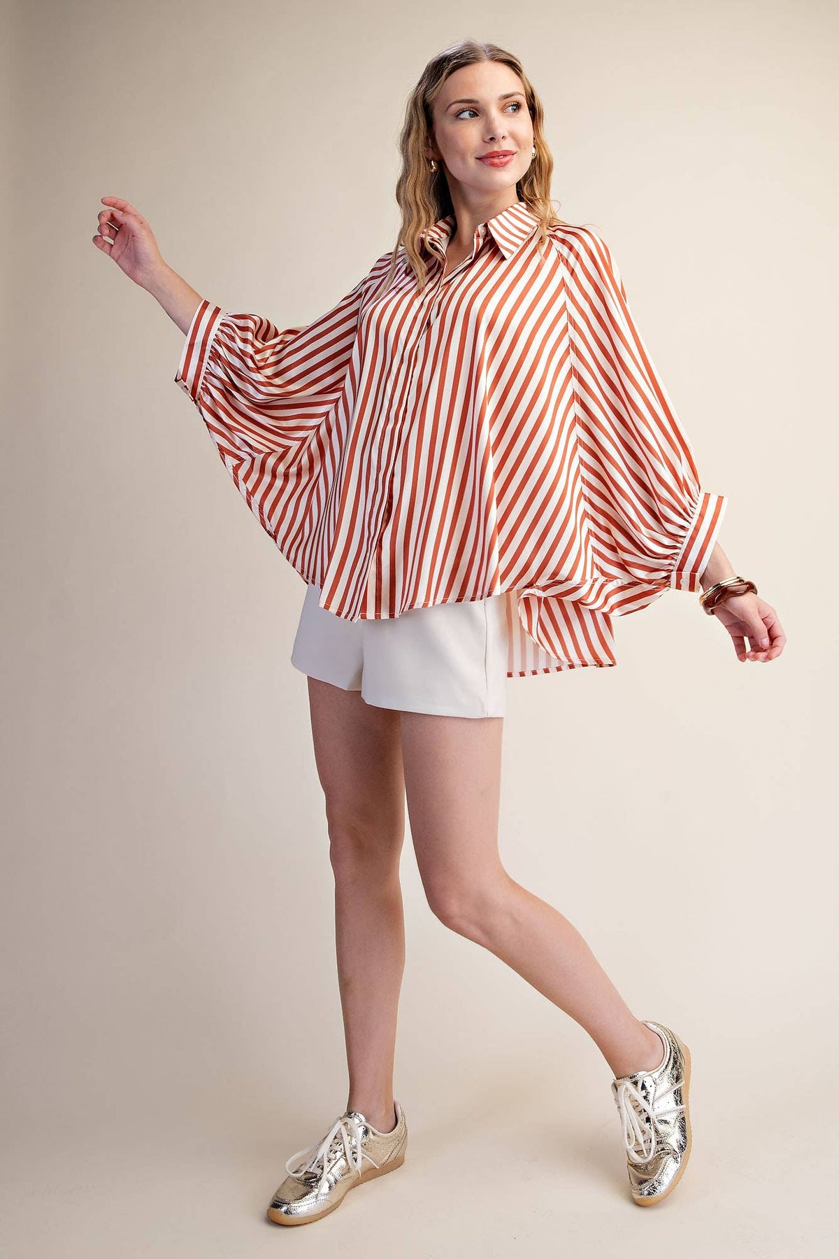 Stripe Wide Puff Sleeve Buttondown Shirt: Olive / L