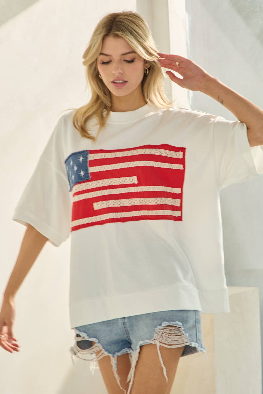 Americana French Terry Short Sleeve Pullover: Washed White / S