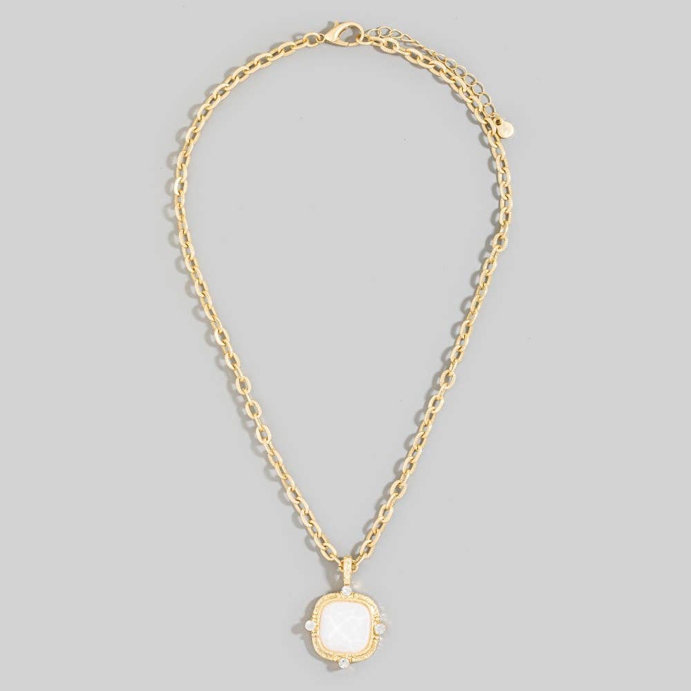Square Faceted Stone Pendant Chain Necklace Set: PL