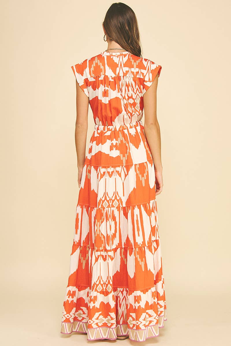 GEOMETRIC PATTERN TIERED MAXI DRESS - 6198DB: BLUE MULTI / M