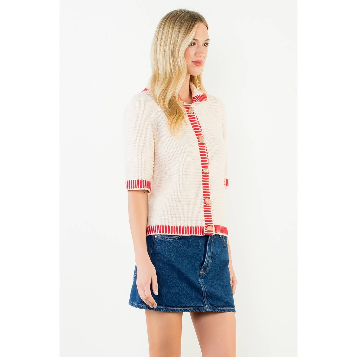 Short Sleeve Button Front Knit Top: CREAM / XS-S-M-L(1-2-2-1)