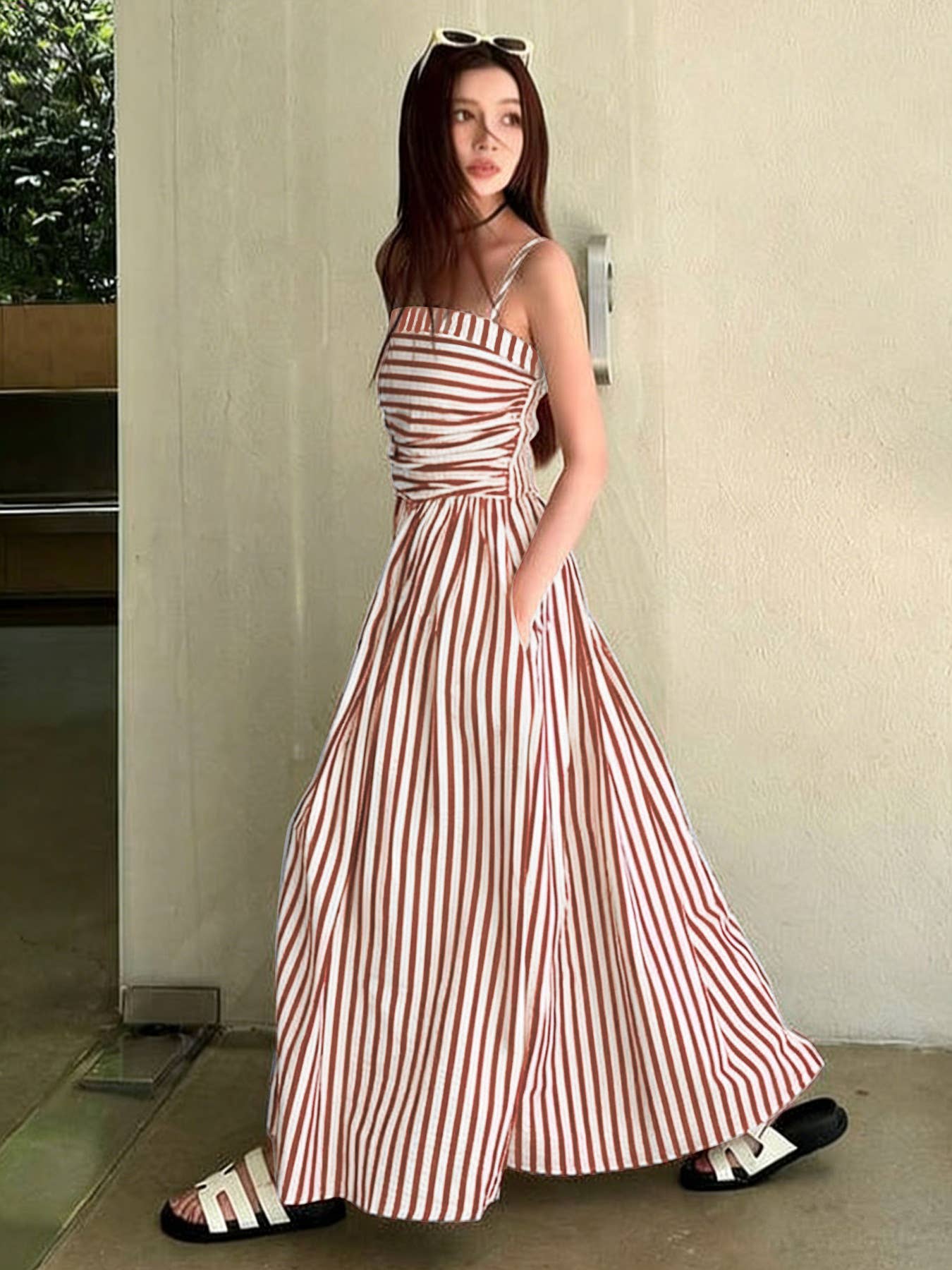 Striped Vacation Maxi Dress with Pockets: Coffee / Missy / S