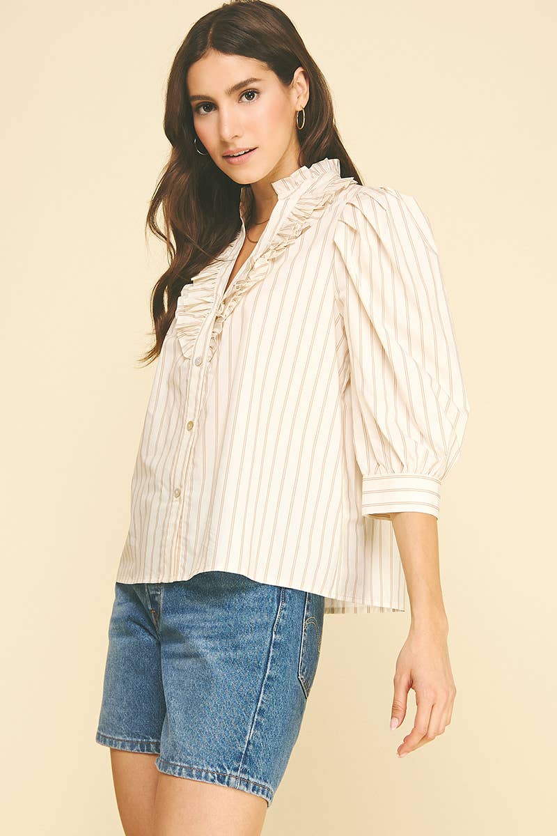 STRIPED RUFFLED COLLAR PUFF SLEEVE BLOUSE - 6241TA: CREAM/TAUPE / S