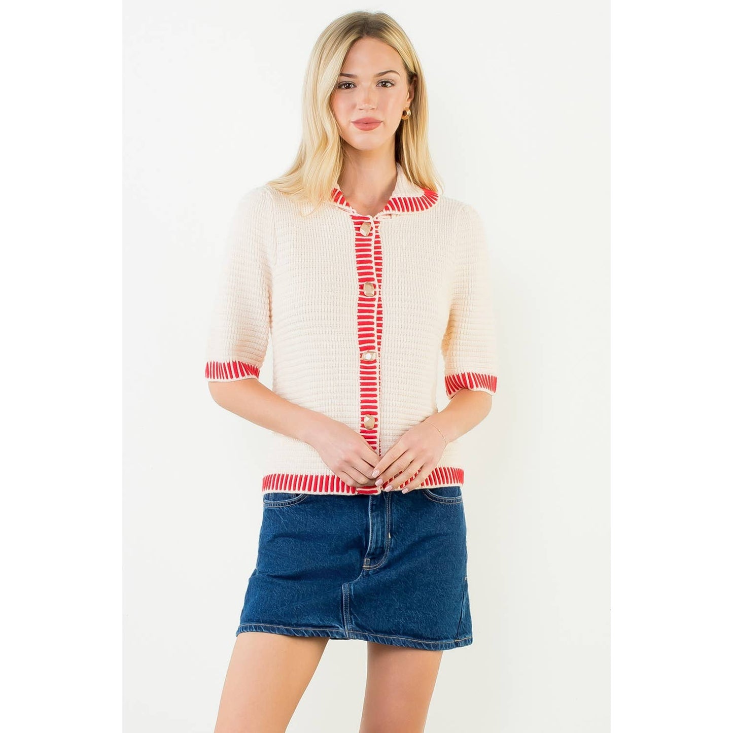Short Sleeve Button Front Knit Top: CREAM / XS-S-M-L(1-2-2-1)