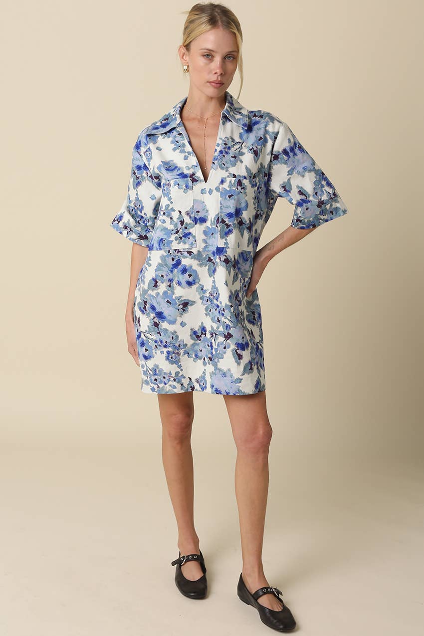 Carley Floral Collared Dress: Natural Blue / Contemporary / S