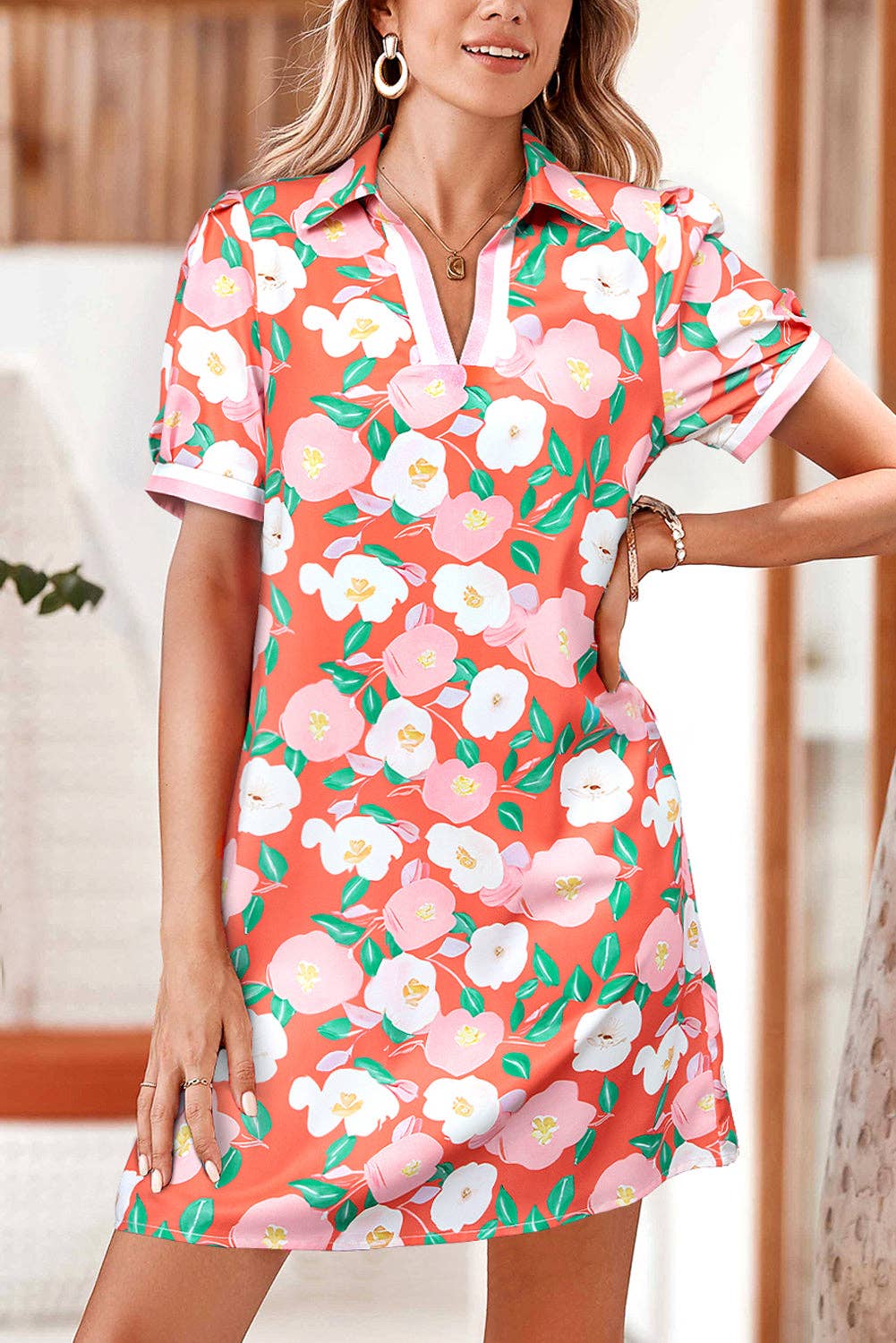 Fresh Salmon Floral Print Contrast Striped Trim Polo Collar T Shirt Dress: Fresh Salmon / 100%Polyester / S