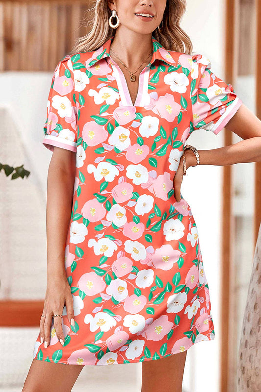Fresh Salmon Floral Print Contrast Striped Trim Polo Collar T Shirt Dress: Fresh Salmon / 100%Polyester / M