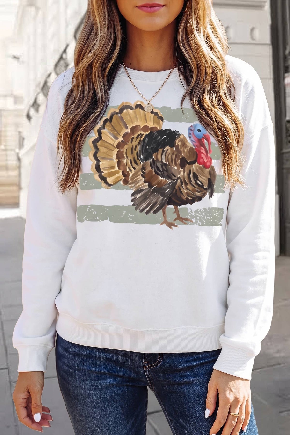 Thanksgiving Turkey Crewneck Graphic Sweatshirt | S-XL : White / L