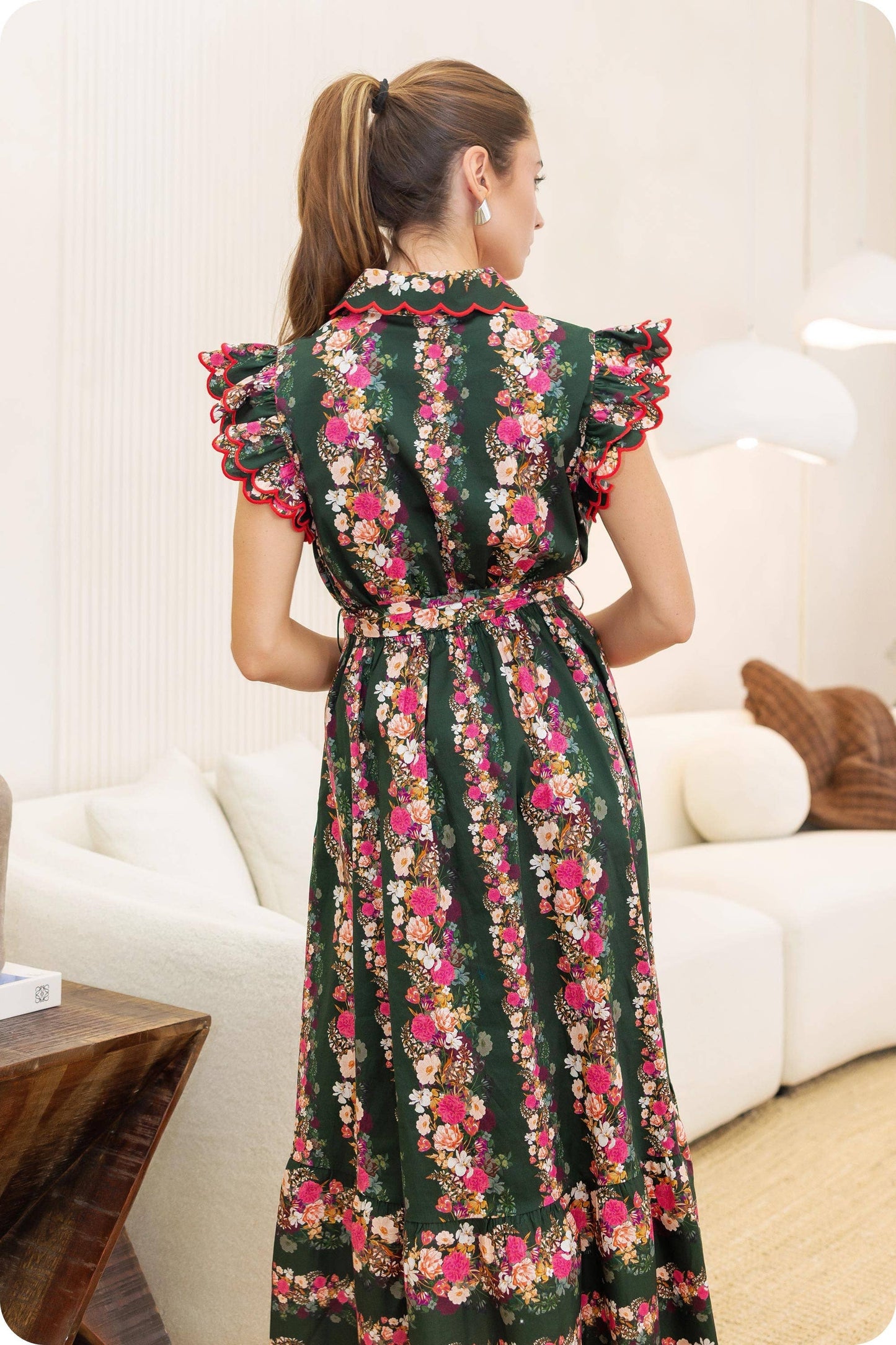 Ruffle Scallop Embroidery Floral Midi Dress: Deep Green/pink Multi / S