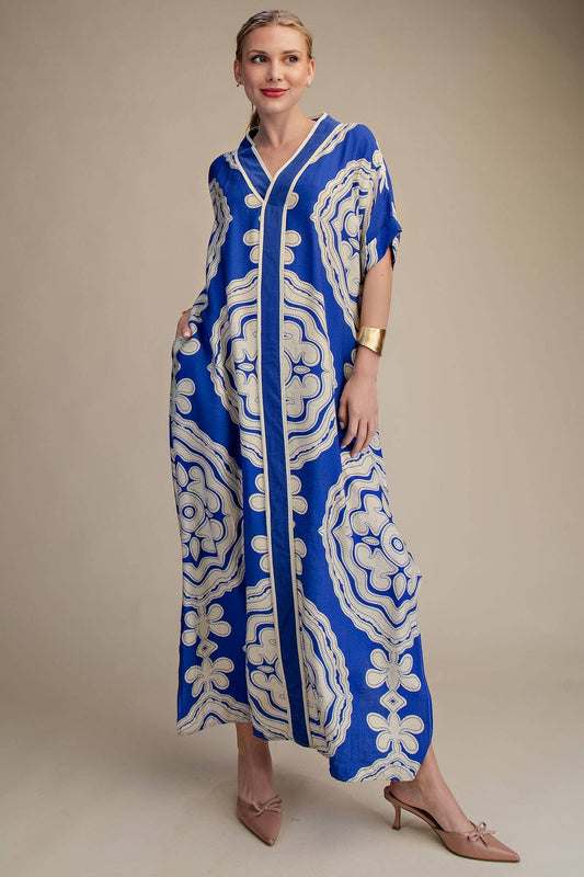 V-Neck Short Sleeve Maxi Print Dress: Blue / L