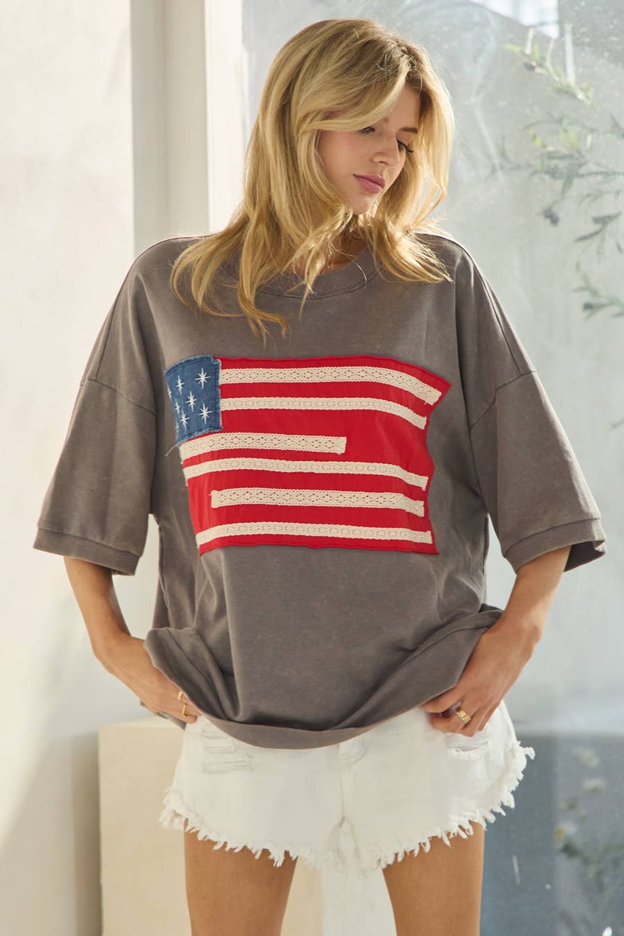 Americana French Terry Short Sleeve Pullover: Washed White / L