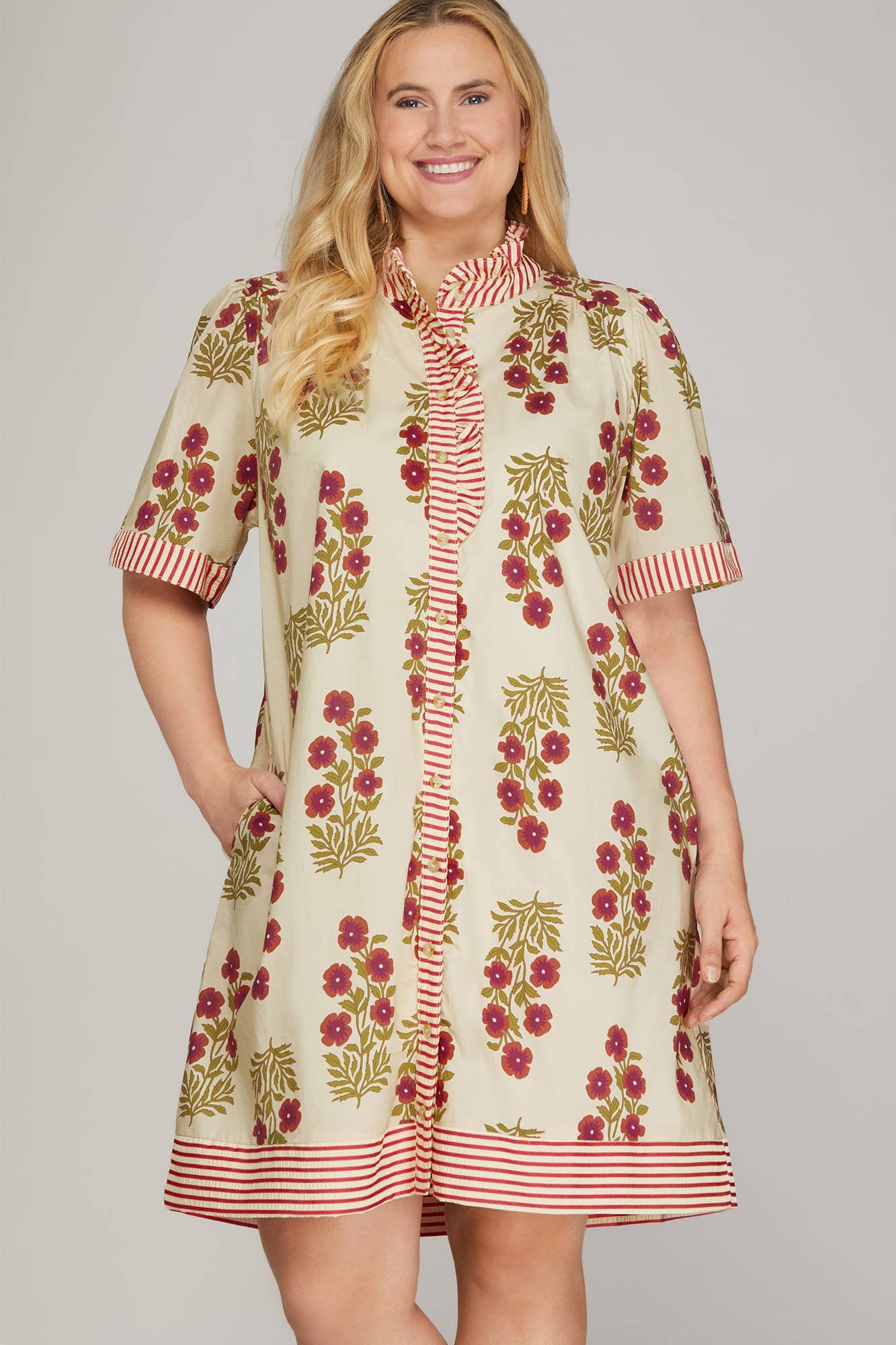 Plus Button Down Printed Mini Dress: BLACK/BLUE / 2-2-2(XL-1XL-2XL)