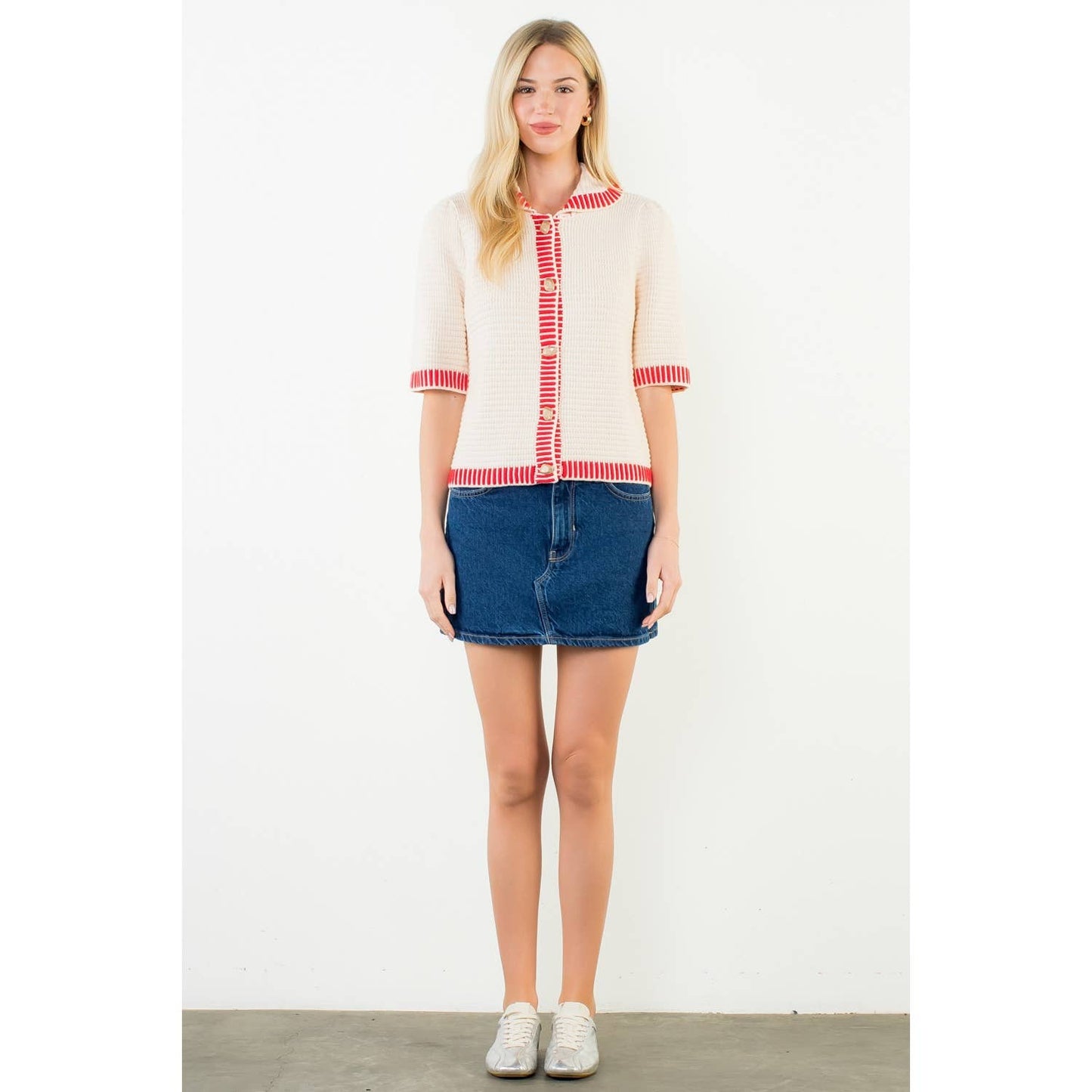Short Sleeve Button Front Knit Top: CREAM / XS-S-M-L(1-2-2-1)