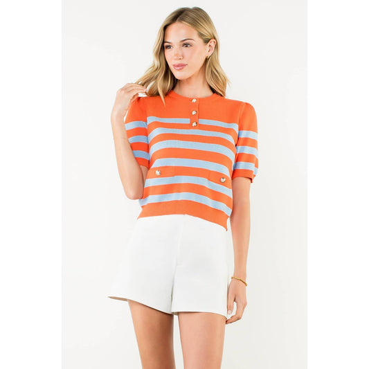 Short Sleeve Striped Knit Top: ORANGE / XS-S-M-L(1-2-2-1)