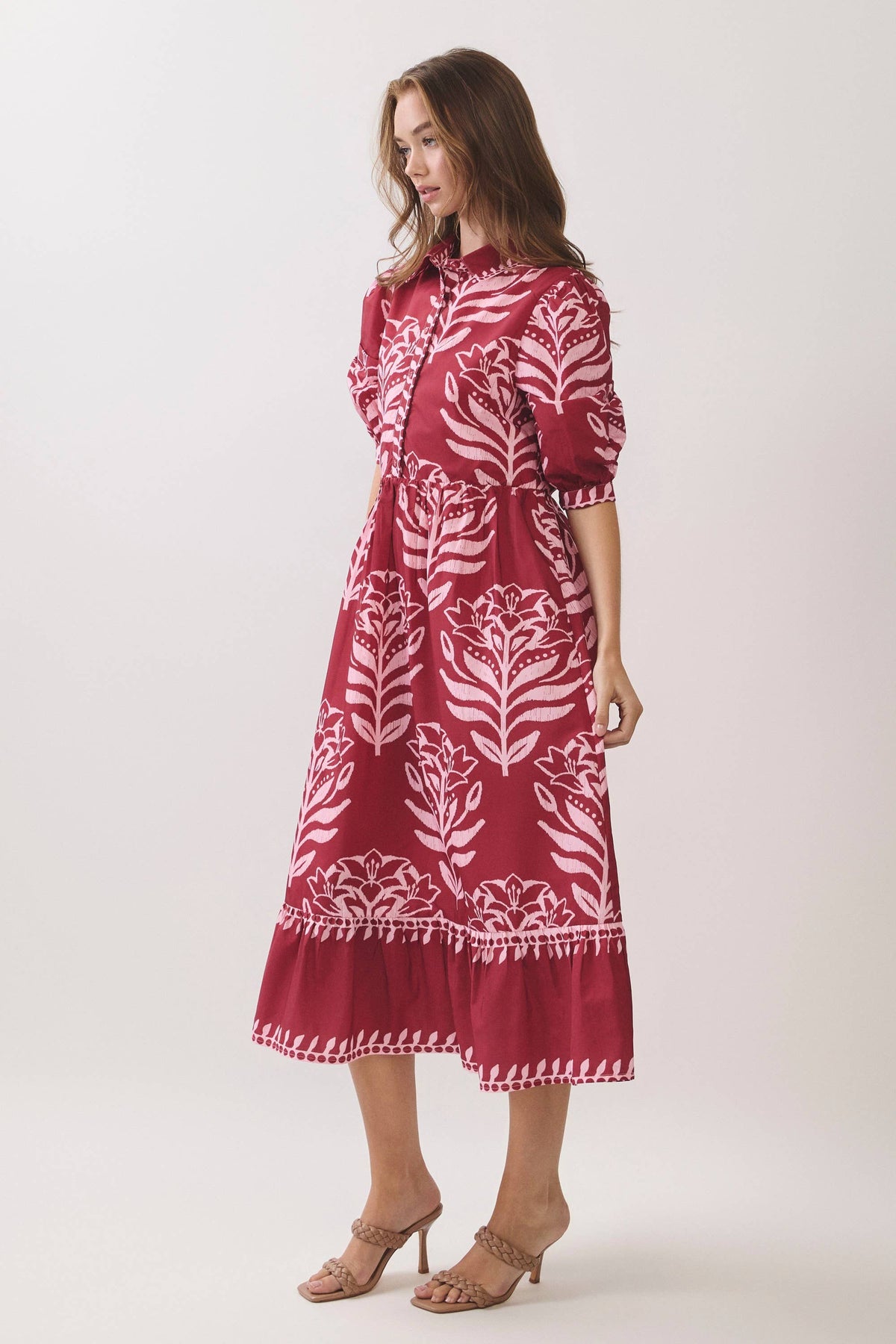 CD07496-Floral Print Puff Sleeve Midi Dress: BERRY / M