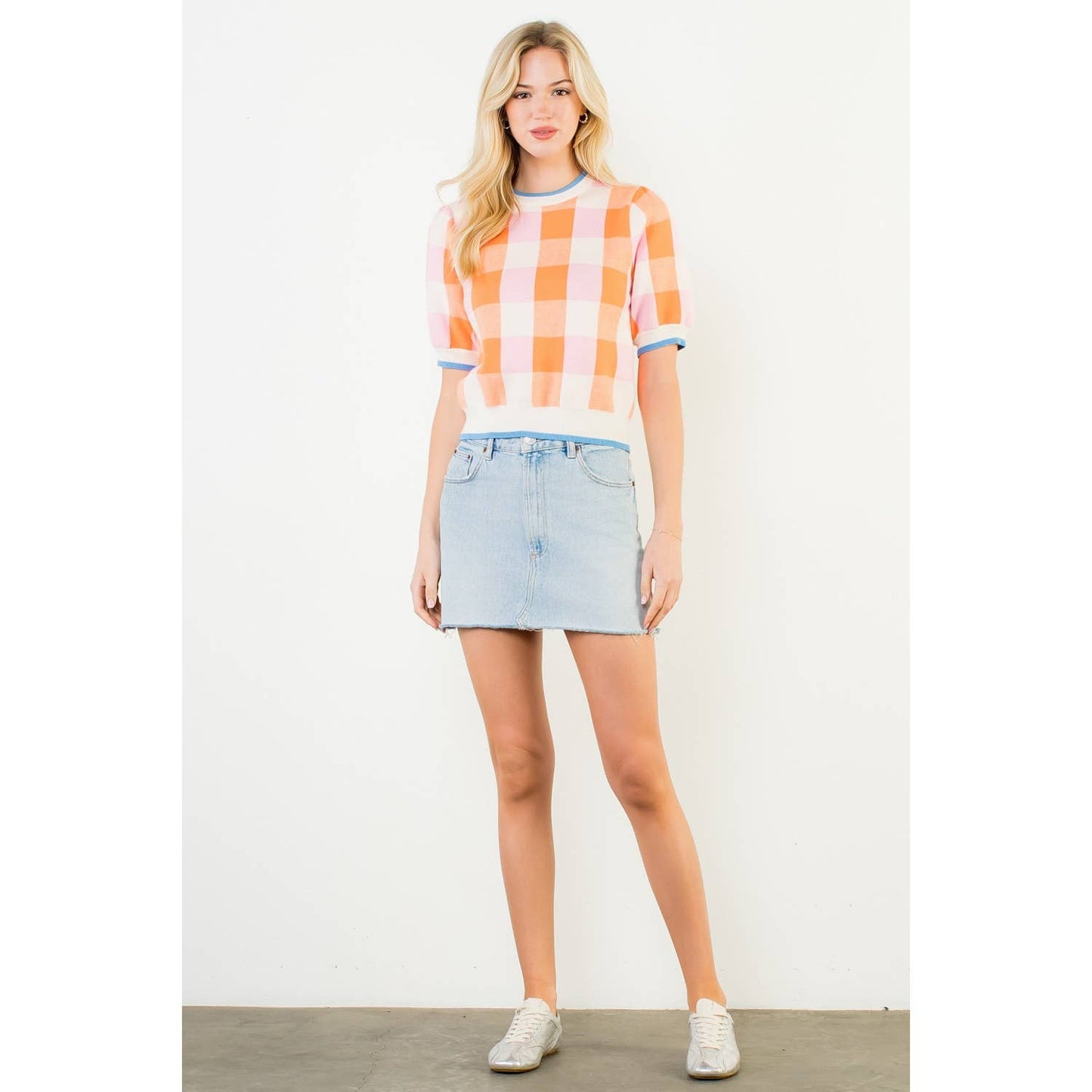 Short Sleeve Check Knit Top: CREAM / XS-S-M-L(1-2-2-1)