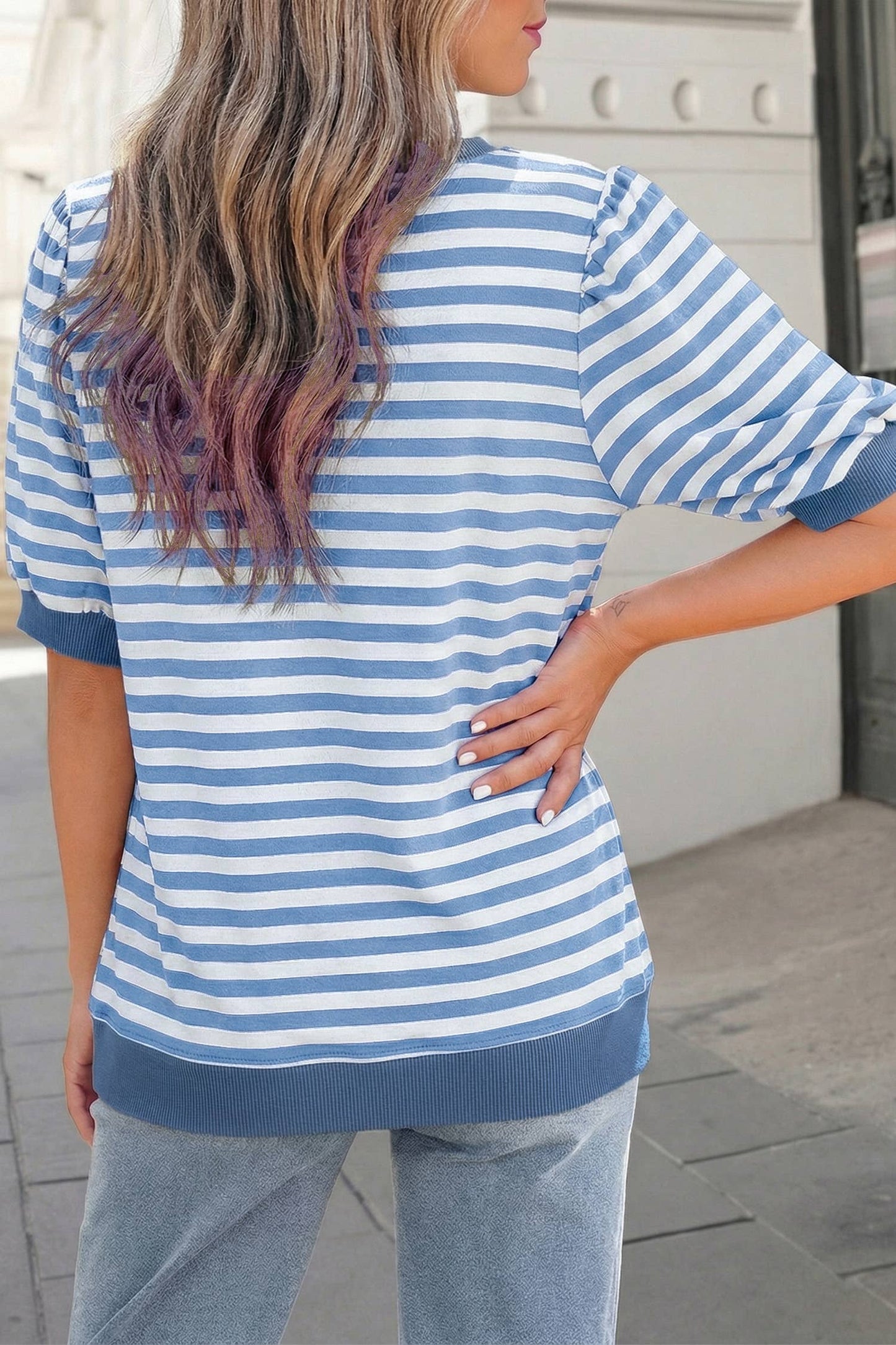 Stripe Short Bubble Sleeve Round Neck Tee | S-XL: Blue / L