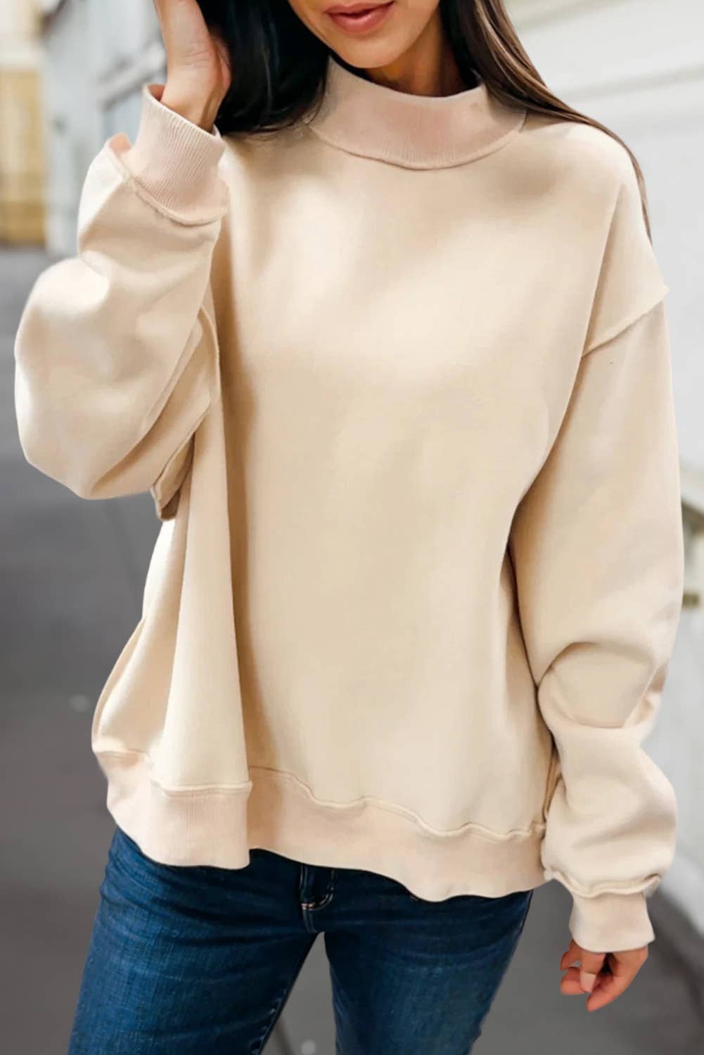 Reversible Oversized Mock Neck Sweatshirt | S-XL : Light Grey / L