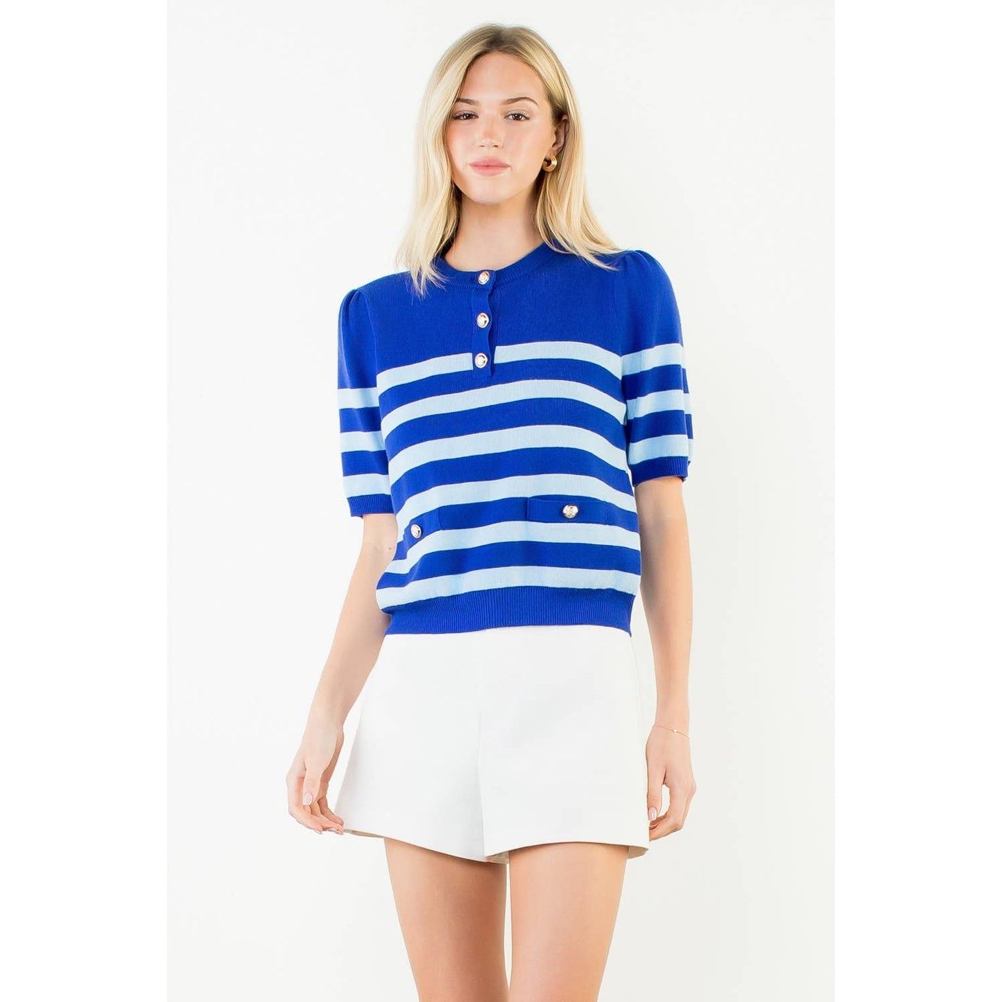 Short Sleeve Striped Knit Top: BLUE / XS-S-M-L(1-2-2-1)