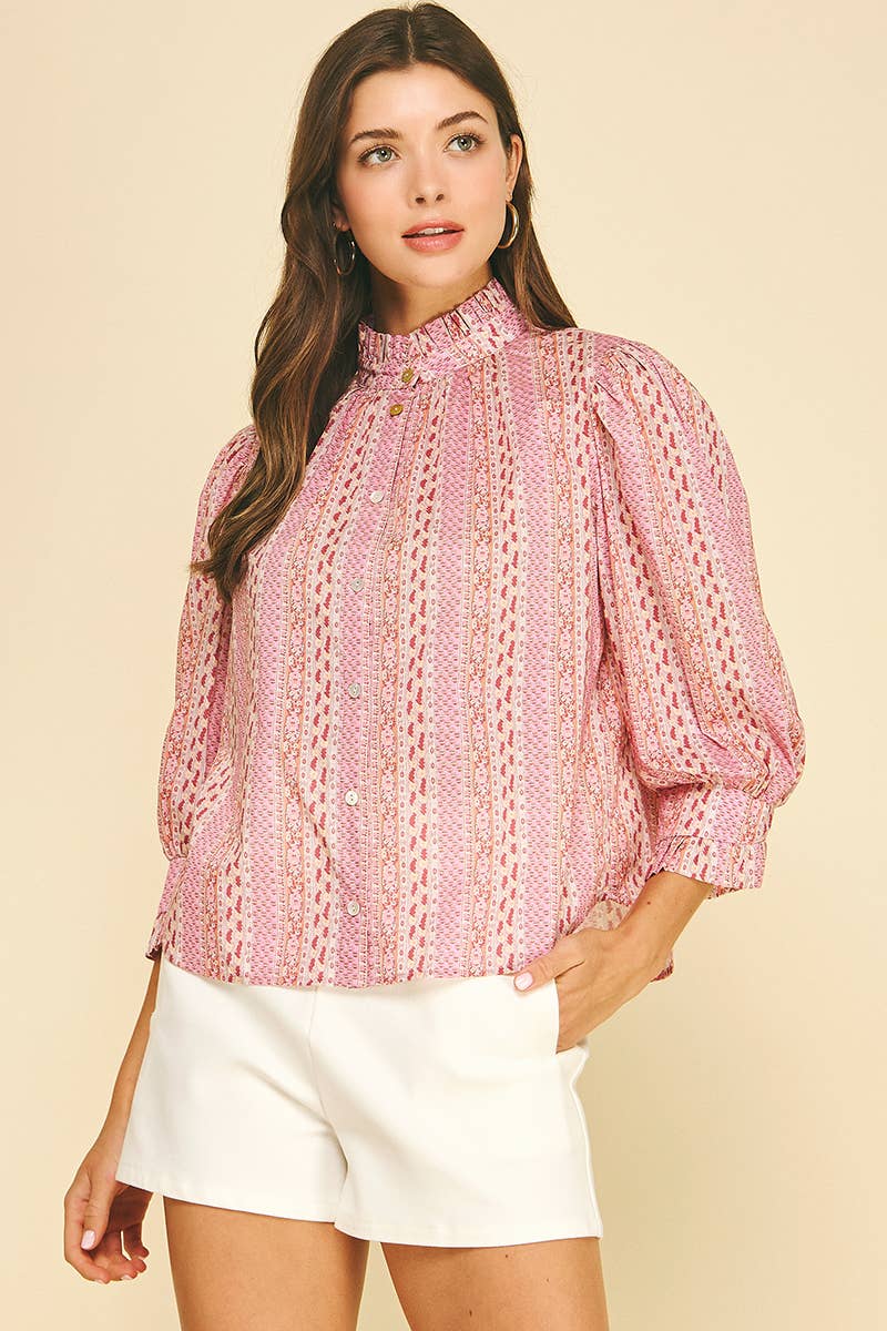 FLORAL BOTANICAL PRINT BUTTON DOWN BLOUSE - 7450T: GREEN MULTI / L