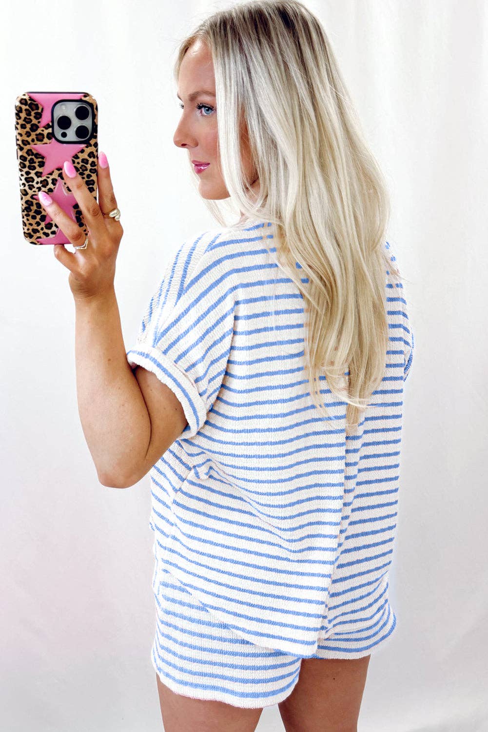 Pink Stripe Knitted Short Sleeve Top and Drawstring Shorts Set: Sky Blue Stripe / 85%Polyester+10%Viscose+5%Elastane / S