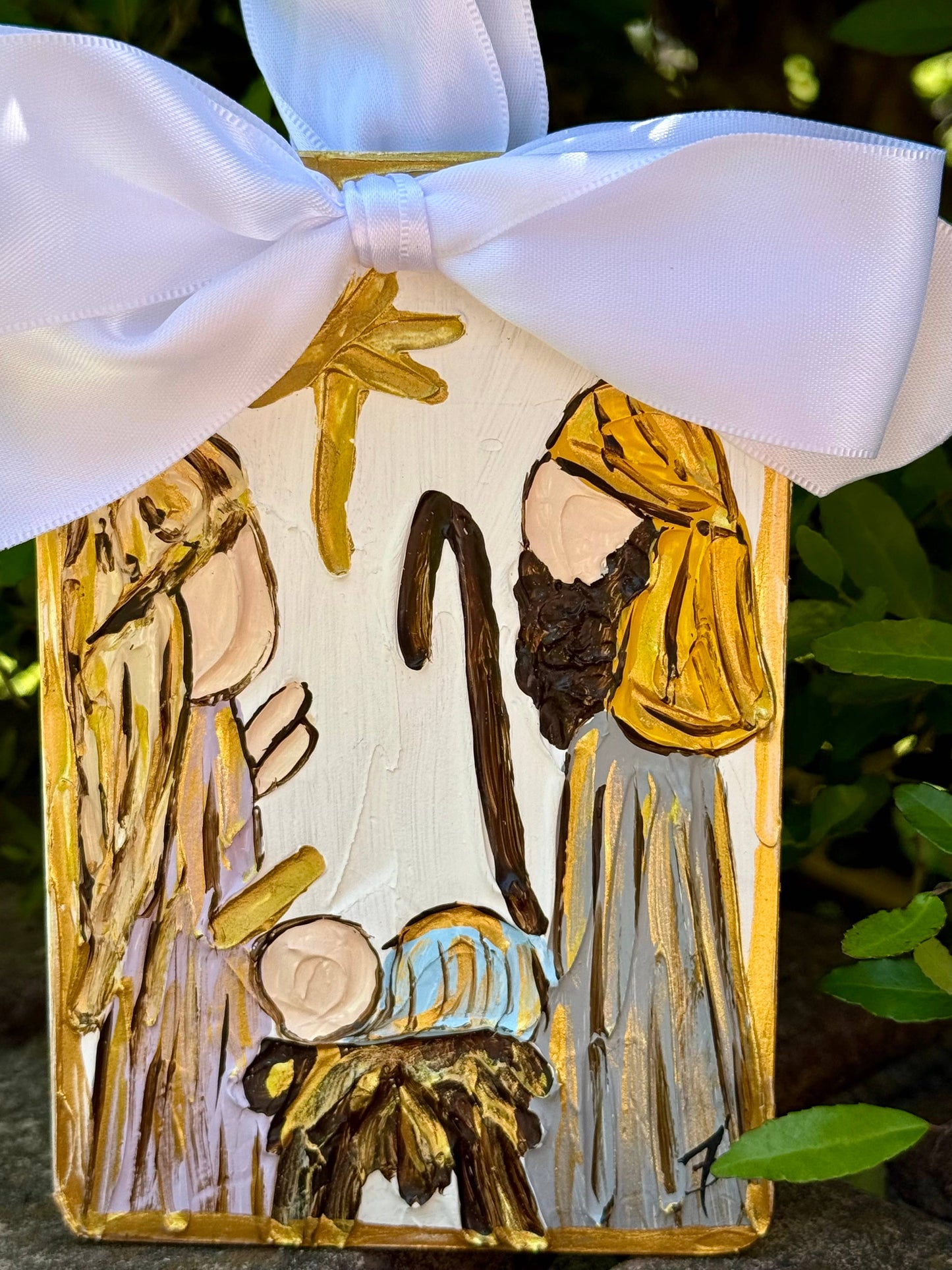Nativity hand painted ornament with satin bow