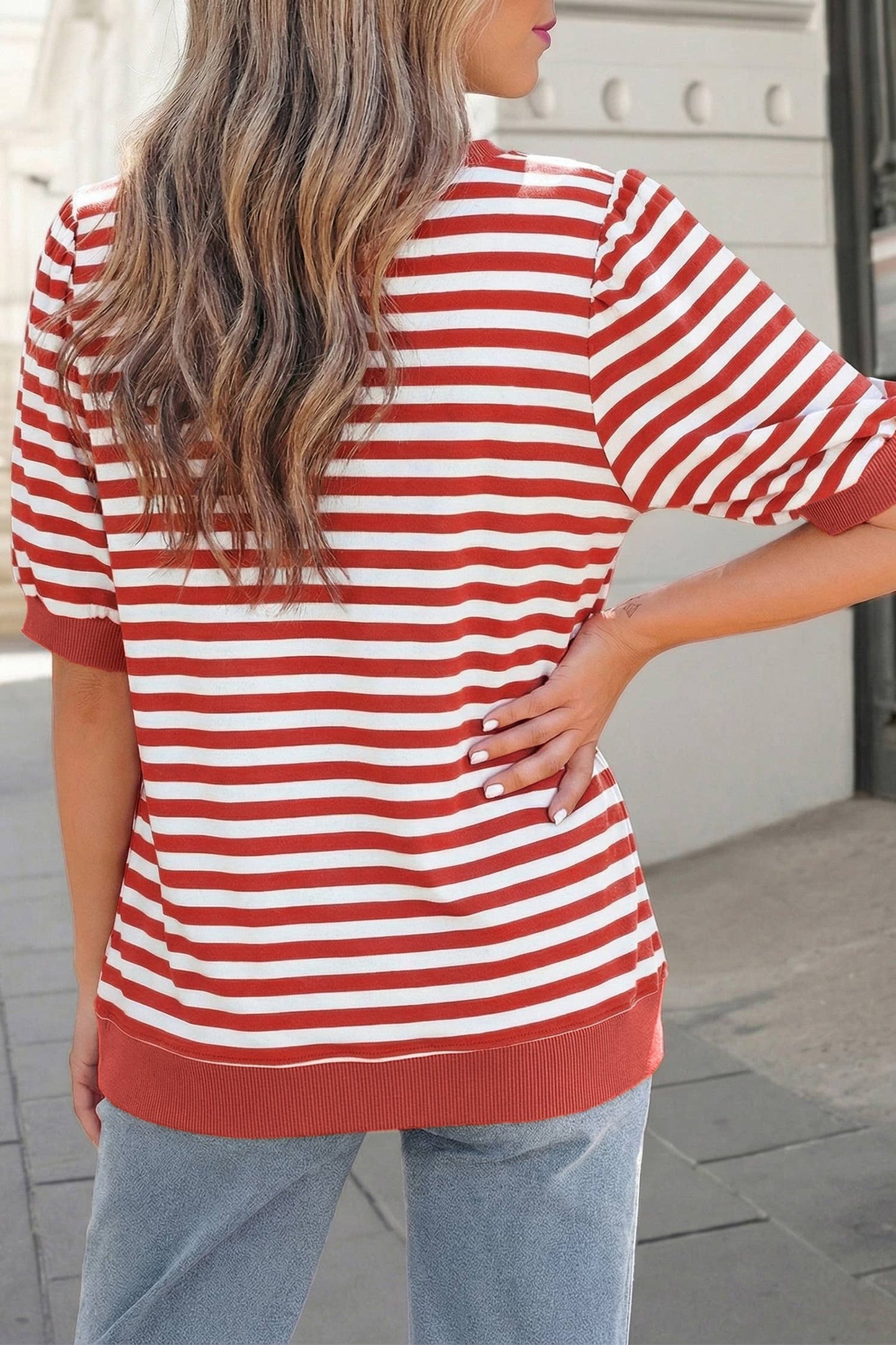 Stripe Short Bubble Sleeve Round Neck Tee | S-XL: Blue / S