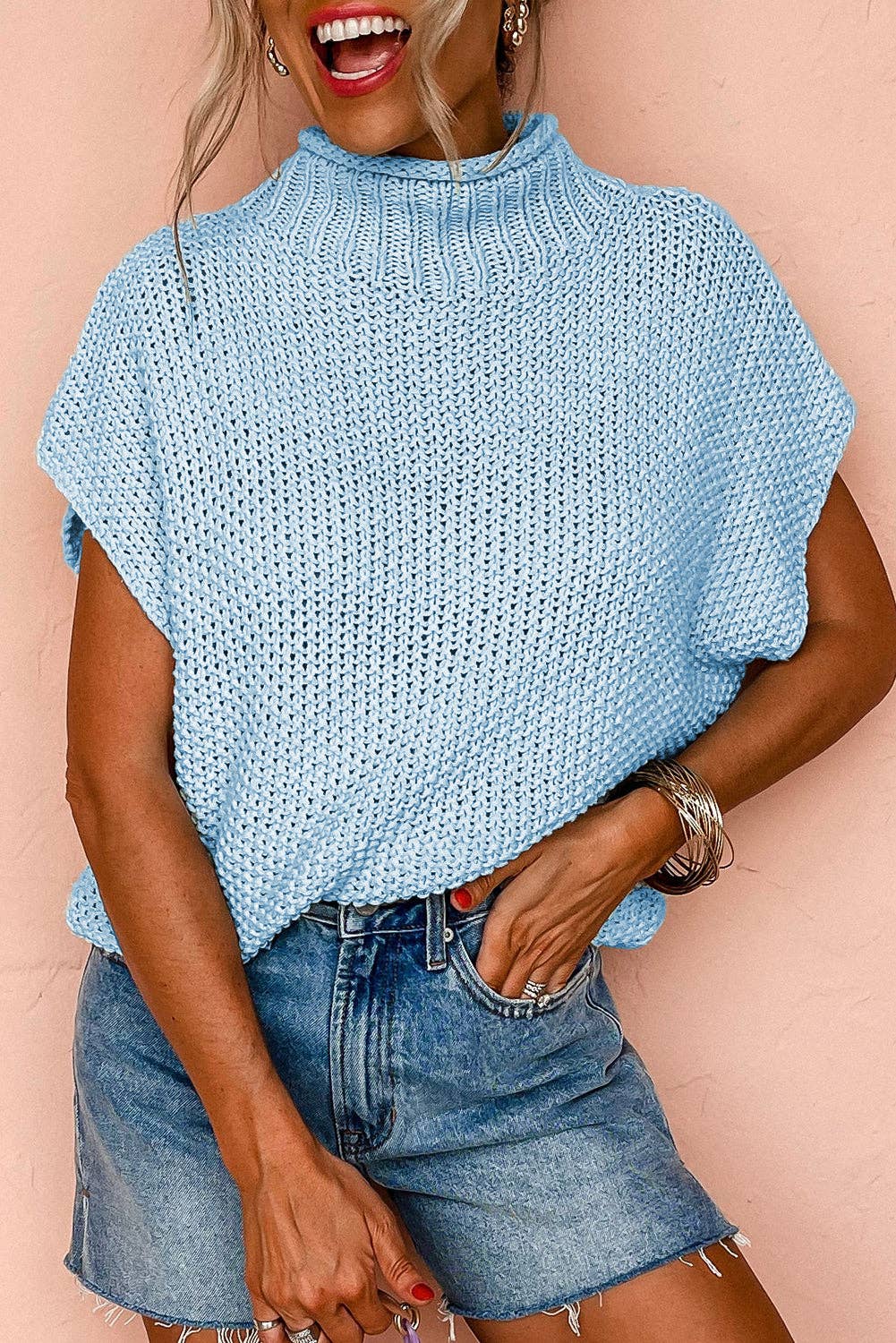 Iceland Blue High Neck Bat Short Sleeve Sweater: Iceland Blue / 60%Cotton+40%Acrylic / XL