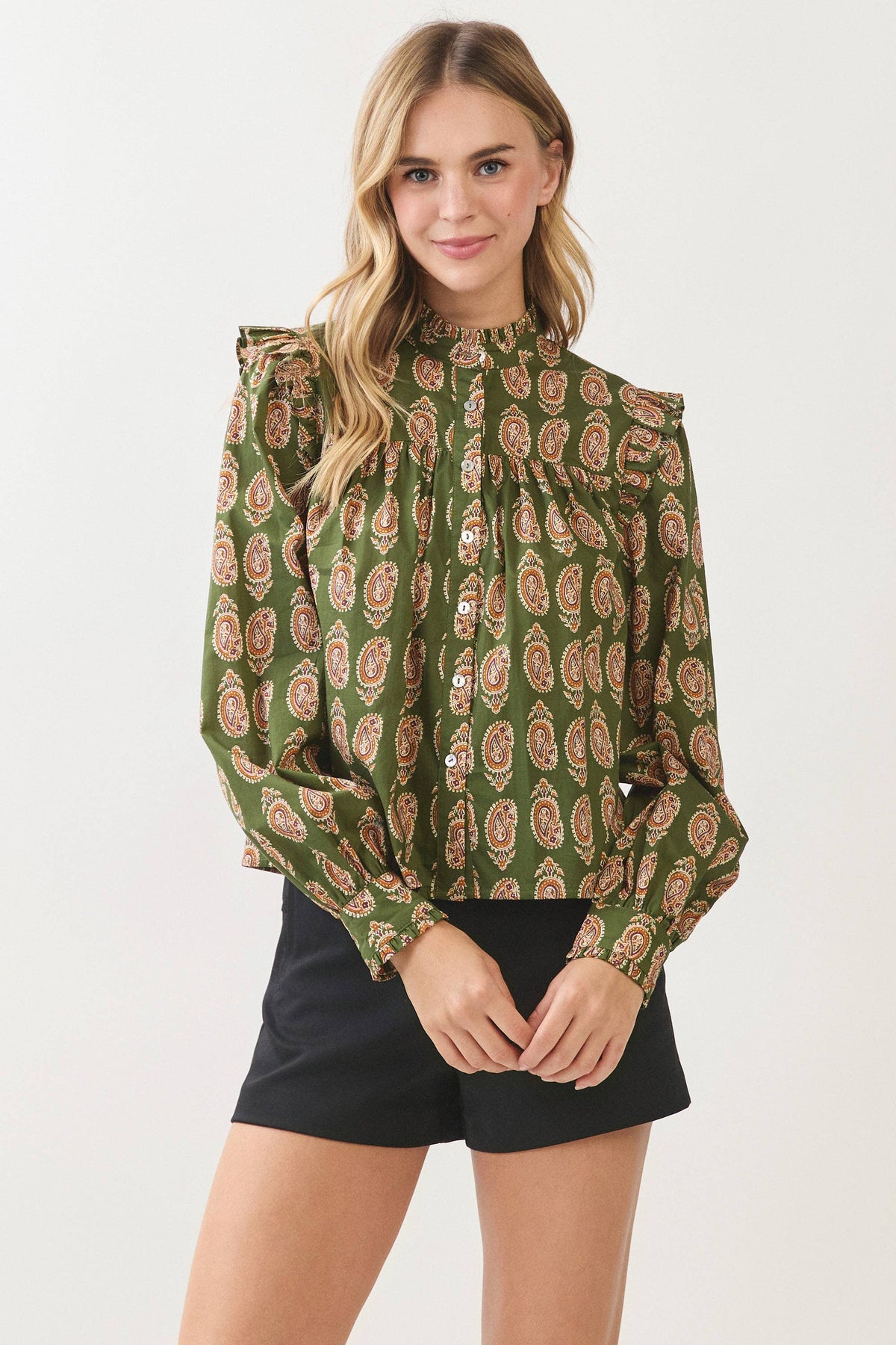 PAISLEY PRINT BUTTON DOWN SHIRT - 7614T: OLIVE / L