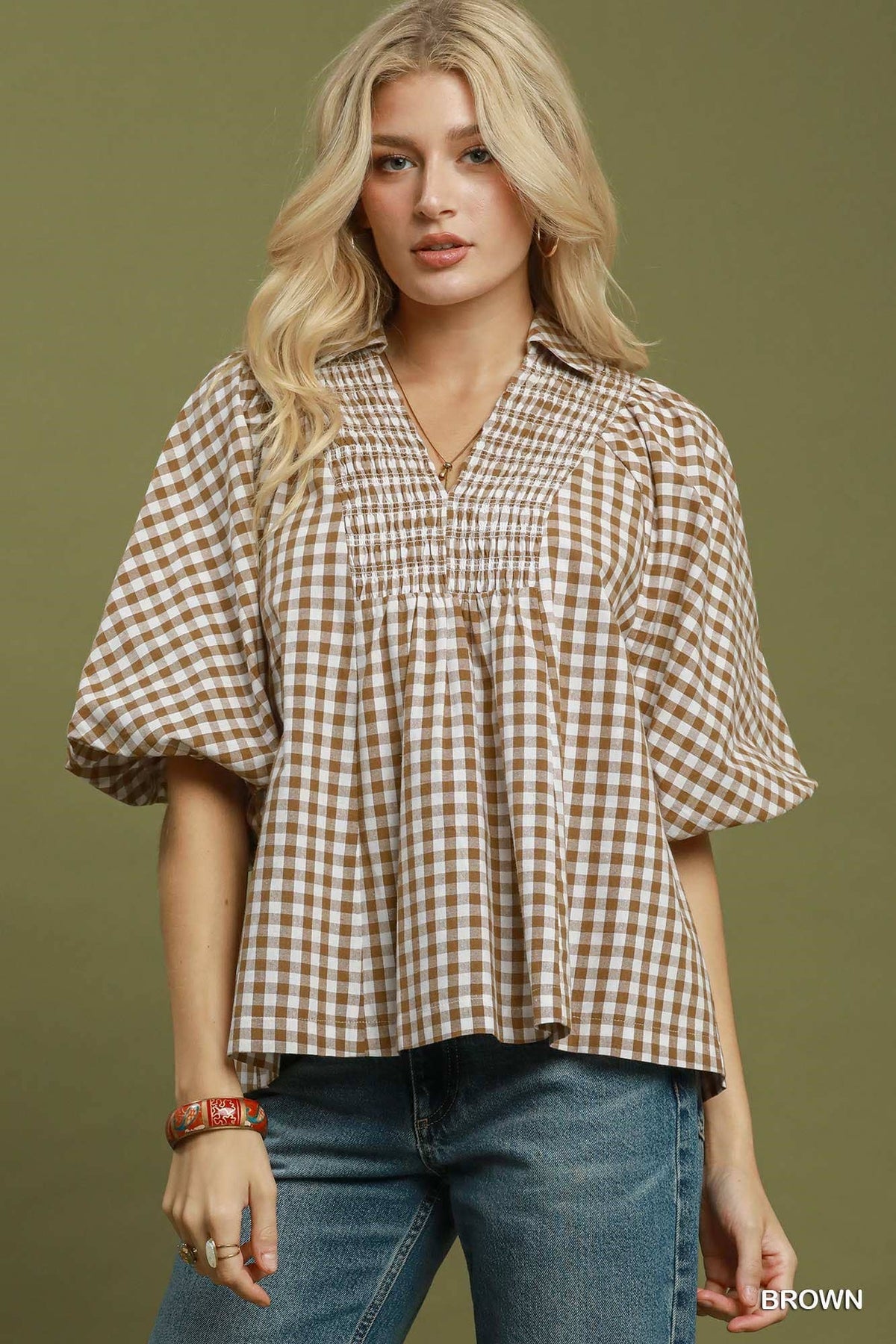 Gingham Smocked Yoke Puff Sleeve Blouse: BLACK / 2-2-2(S-M-L)