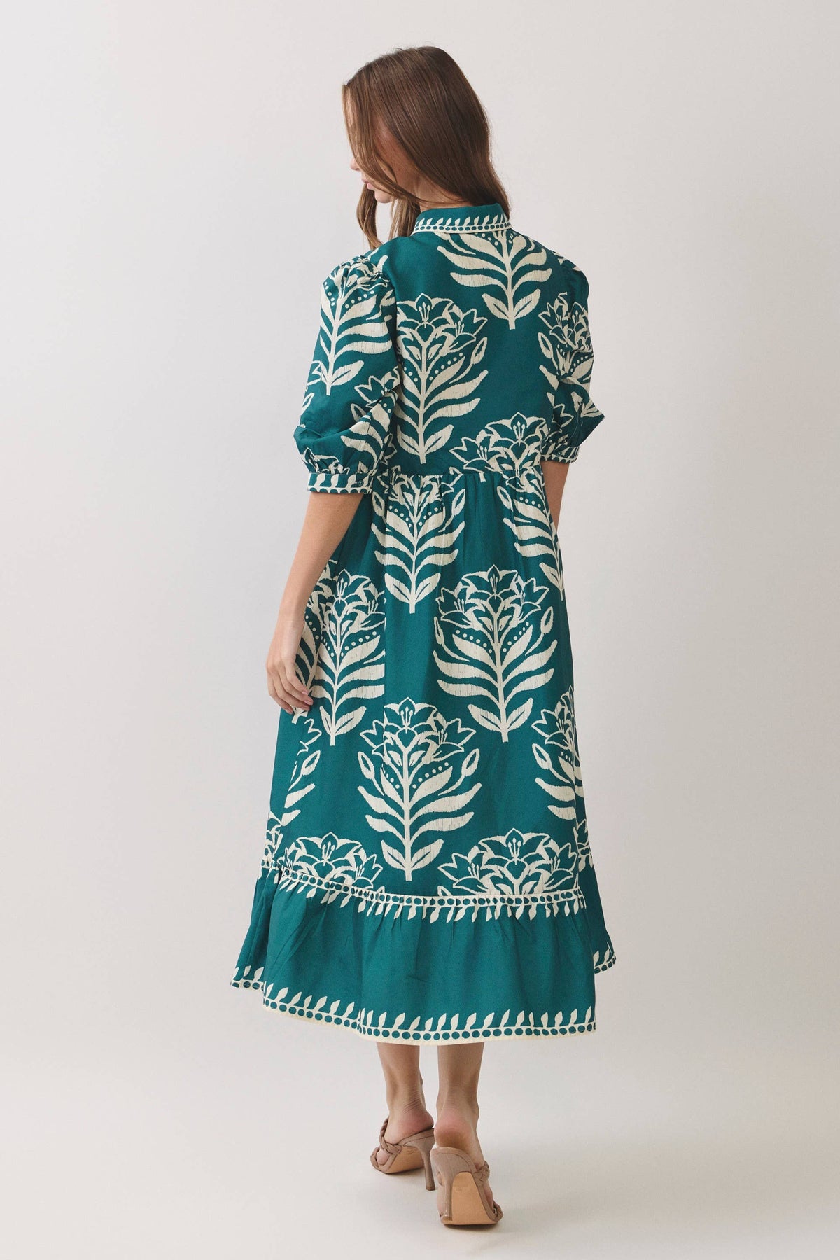 CD07496-Floral Print Puff Sleeve Midi Dress: BERRY / S