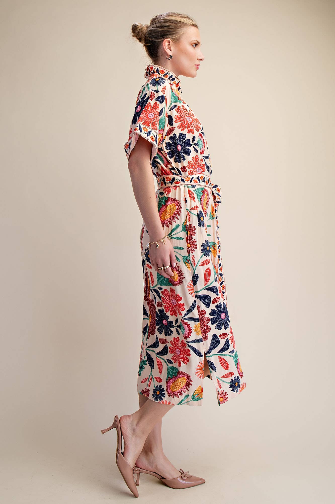 Waist Tie Belt Collar Neck Button-Up Shirts Floral Midi Dres: Coral / S