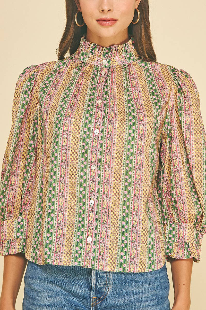 FLORAL BOTANICAL PRINT BUTTON DOWN BLOUSE - 7450T: GREEN MULTI / L