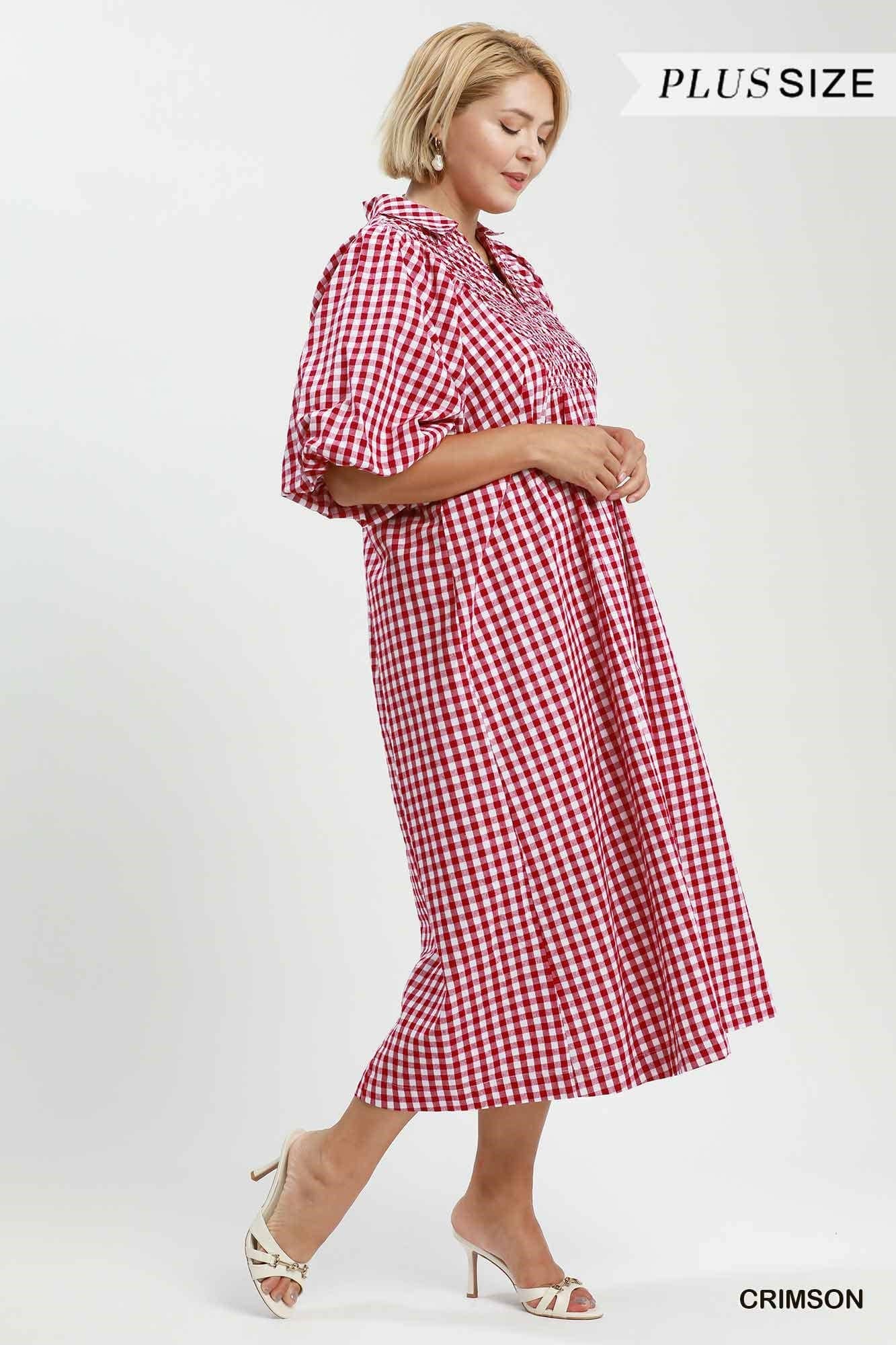 Plus Puff Sleeve Plaid Midi Dress: CRIMSON / 1-1-1(XL-1XL-2XL)