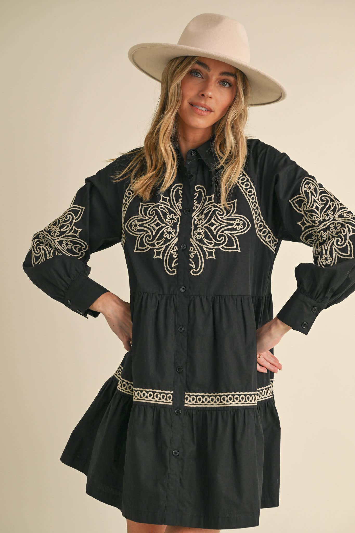 EMBROIDERED BUTTON DOWN MINI DRESS MDR3513: Hunter Green / M