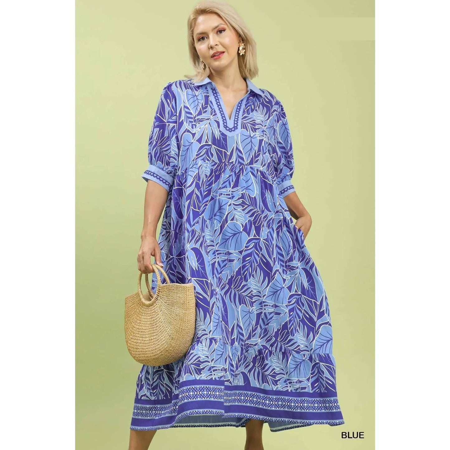 PLUS Leafy Border Print V-Neck Midi Dress : BLUE / XL